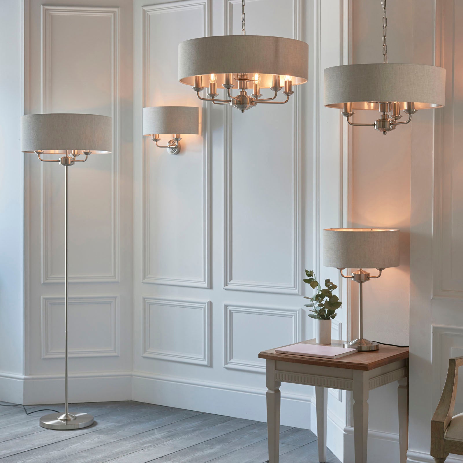 Highclere Brushed Chrome 3-Light Floor Lamp with Natural Linen Shades