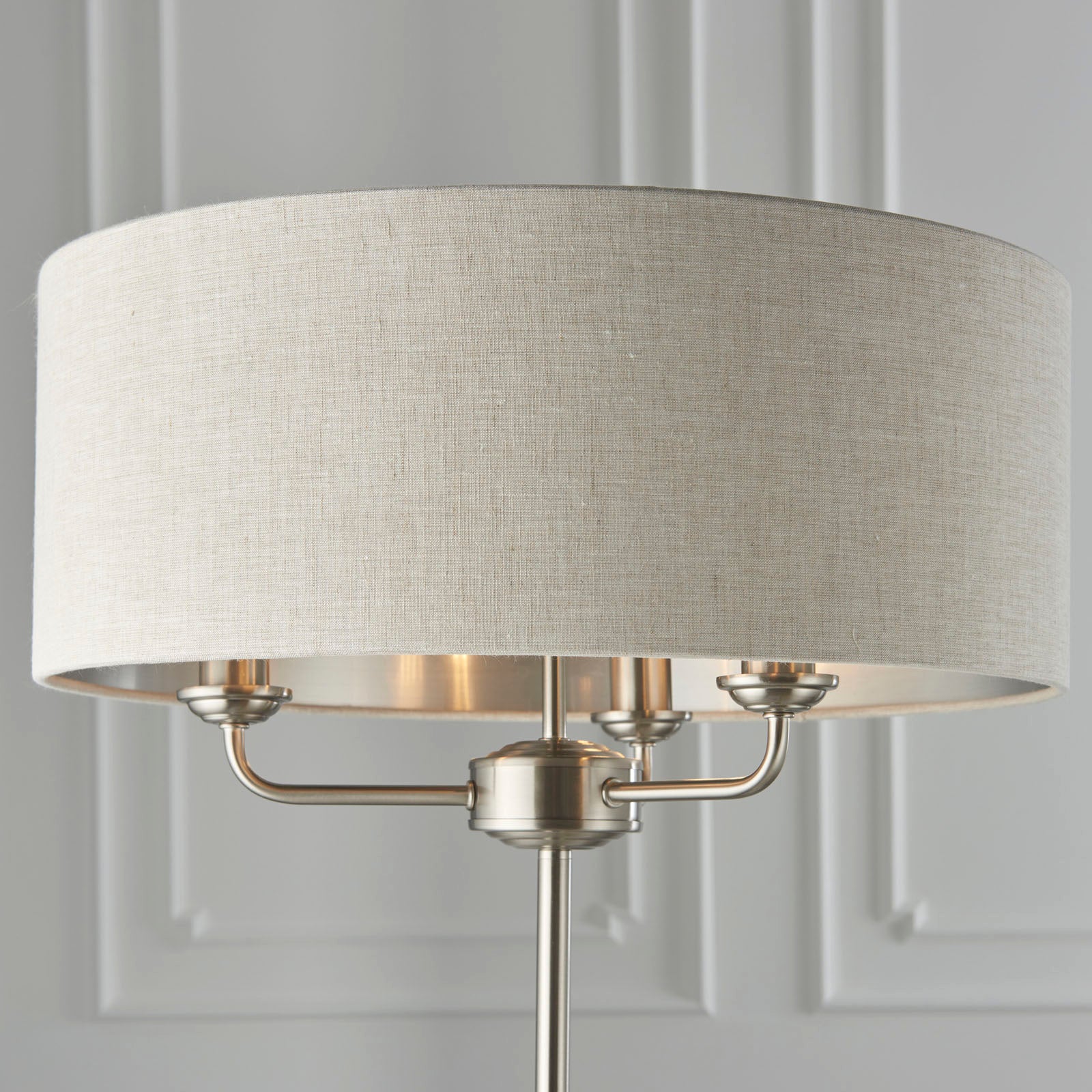 Highclere Brushed Chrome 3-Light Floor Lamp with Natural Linen Shades