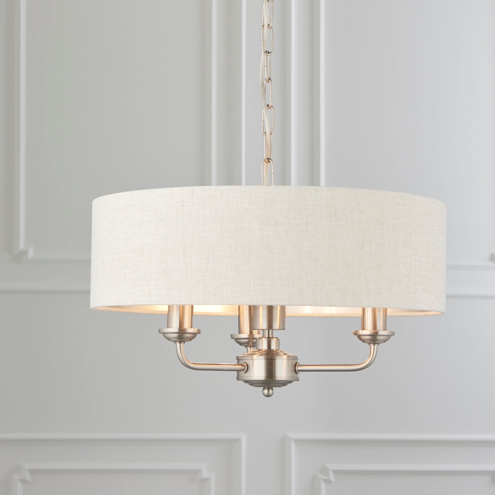 Highclere Brushed Chrome 3-Light Pendant Light with Natural Linen Shades