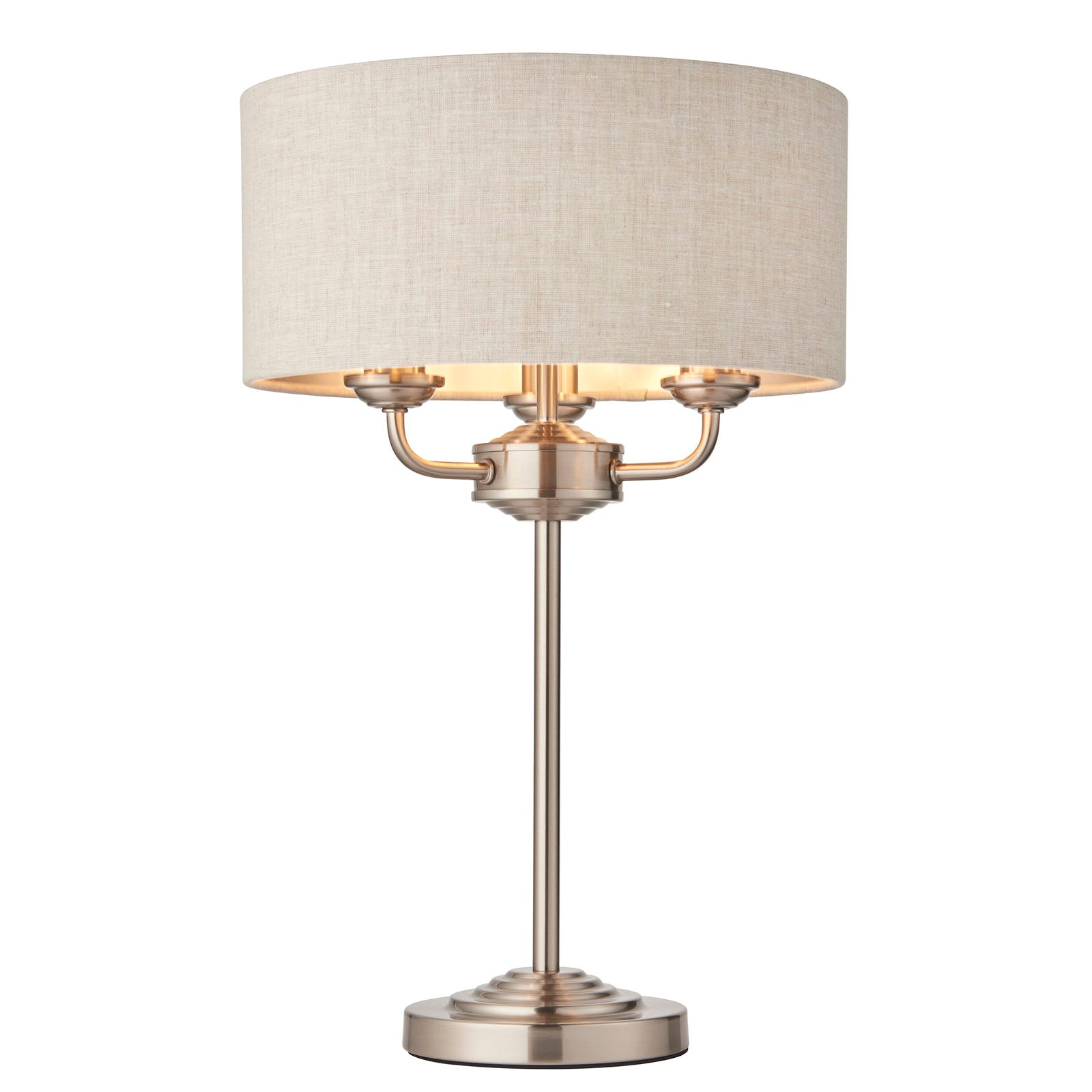 Highclere Brushed Chrome 3-Light Table Lamp with Natural Linen Shade