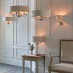 Highclere Brushed Chrome 3-Light Table Lamp with Natural Linen Shade