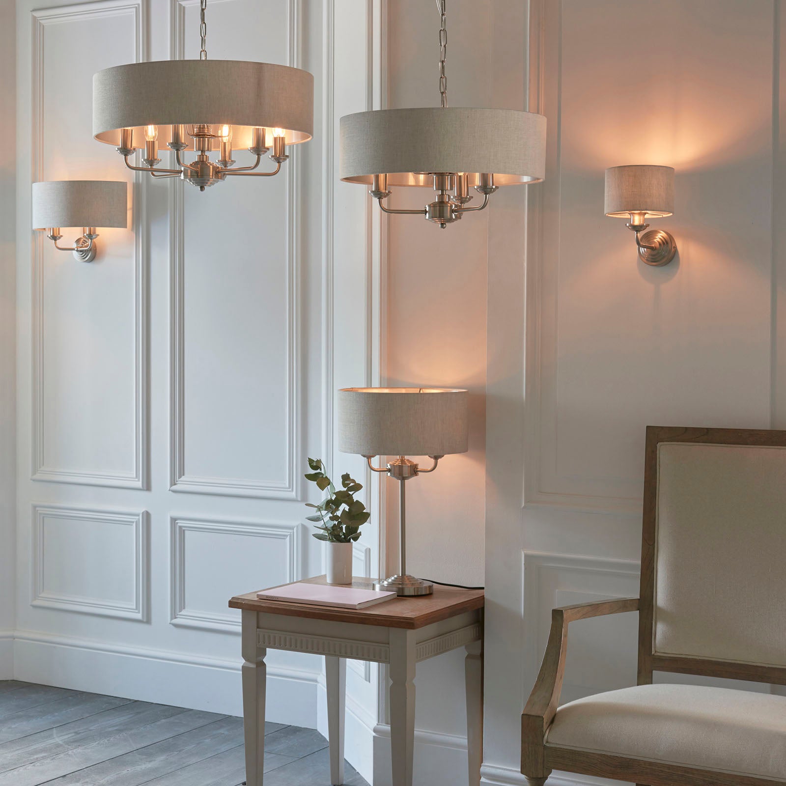 Highclere Brushed Chrome 3-Light Table Lamp with Natural Linen Shade