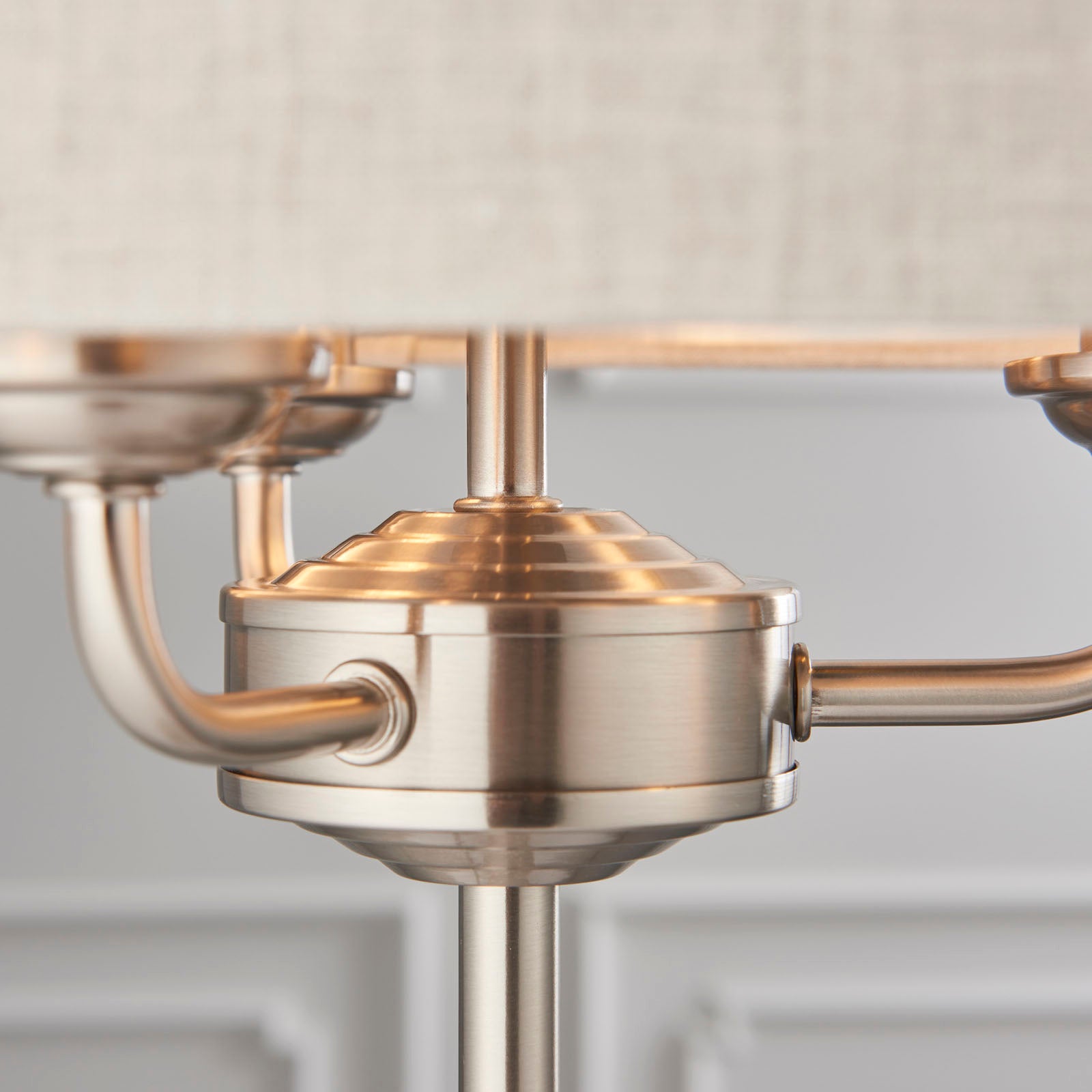 Highclere Brushed Chrome 3-Light Table Lamp with Natural Linen Shade
