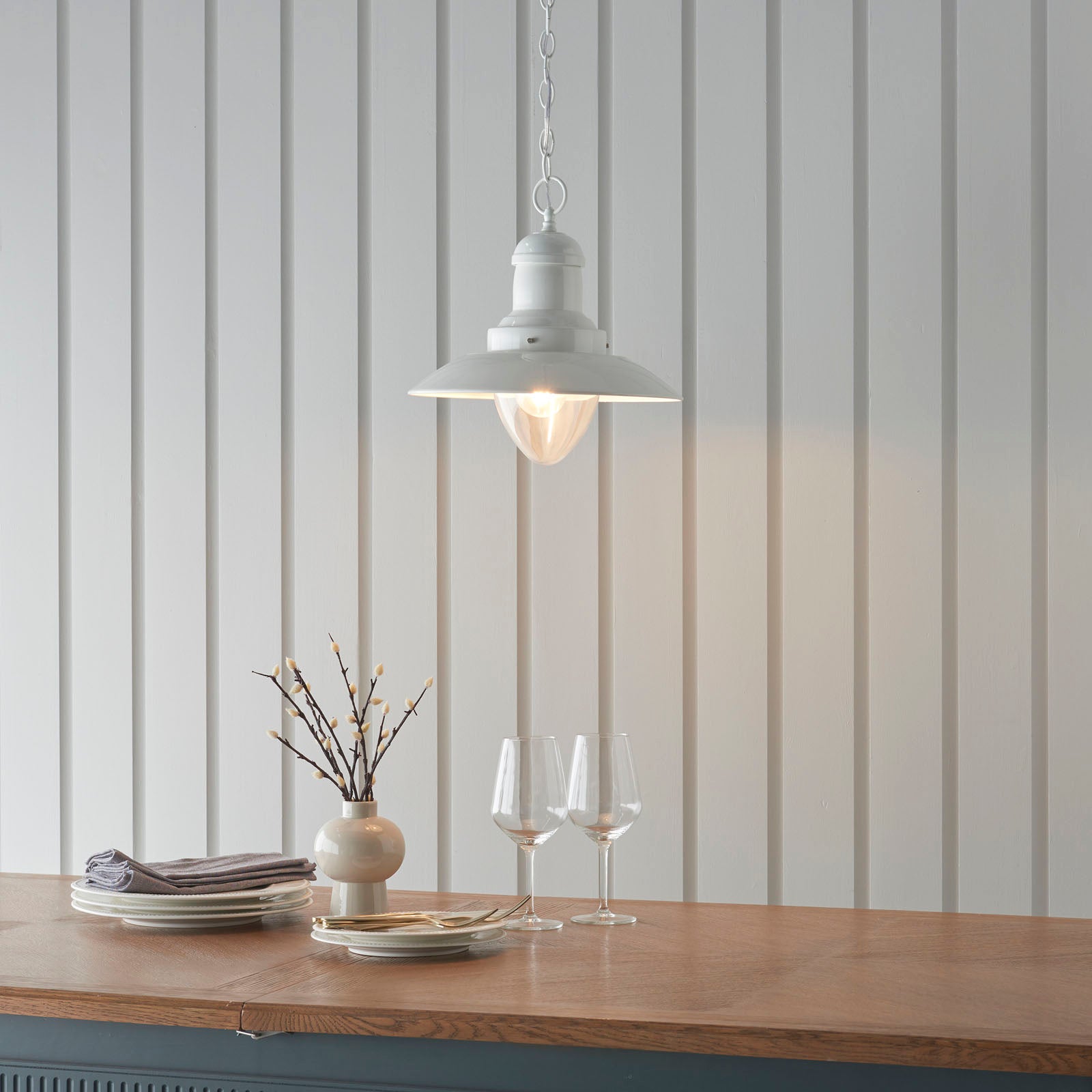 Polperro Nautical Pendant Light - Clear Glass & Pale Cream Metal