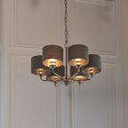 Highclere Bright Nickel Multi-Arm Pendant Light with Charcoal Linen Shades
