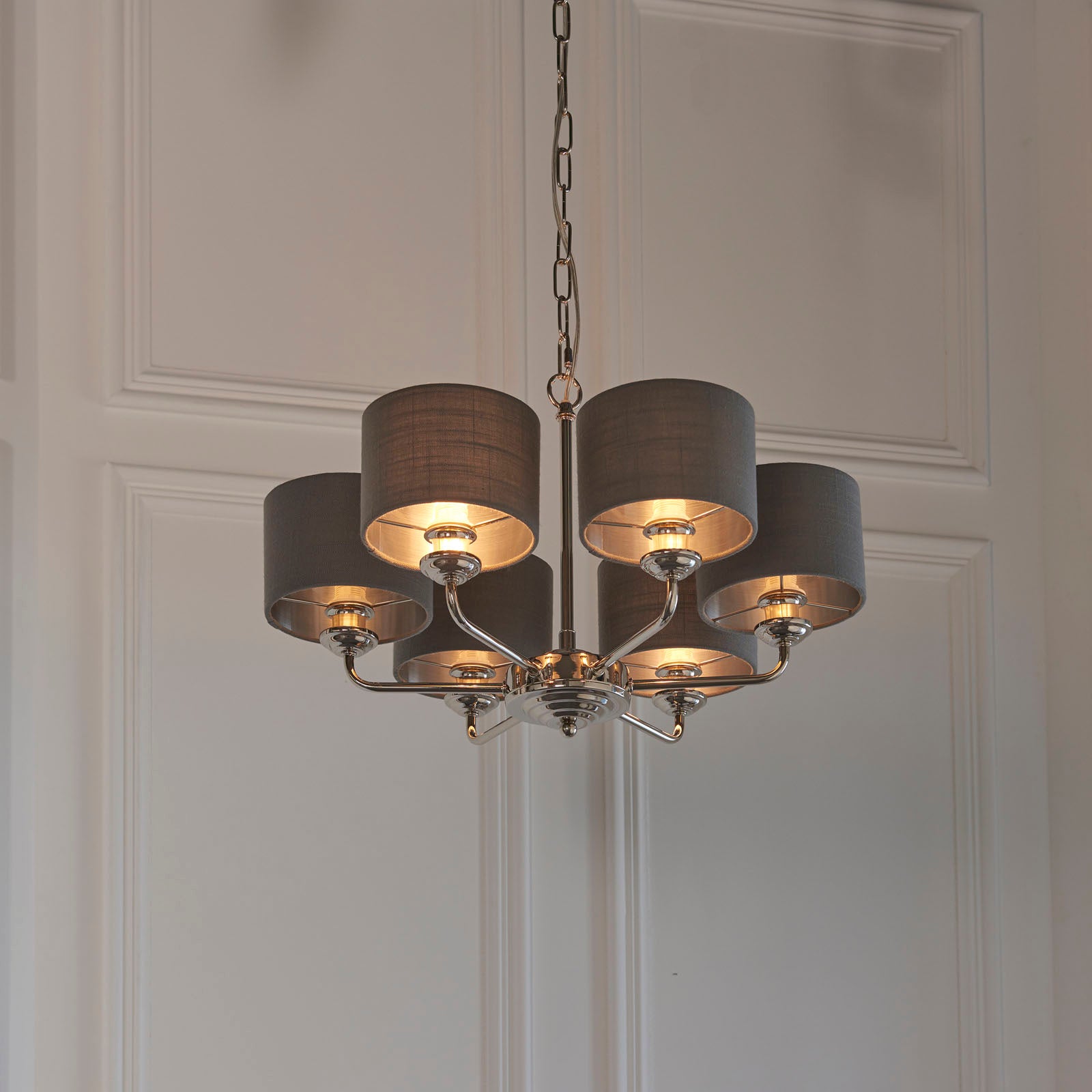 Highclere Bright Nickel Multi-Arm Pendant Light with Charcoal Linen Shades