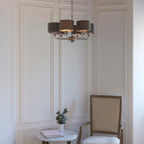 Highclere Bright Nickel Multi-Arm Pendant Light with Charcoal Linen Shades
