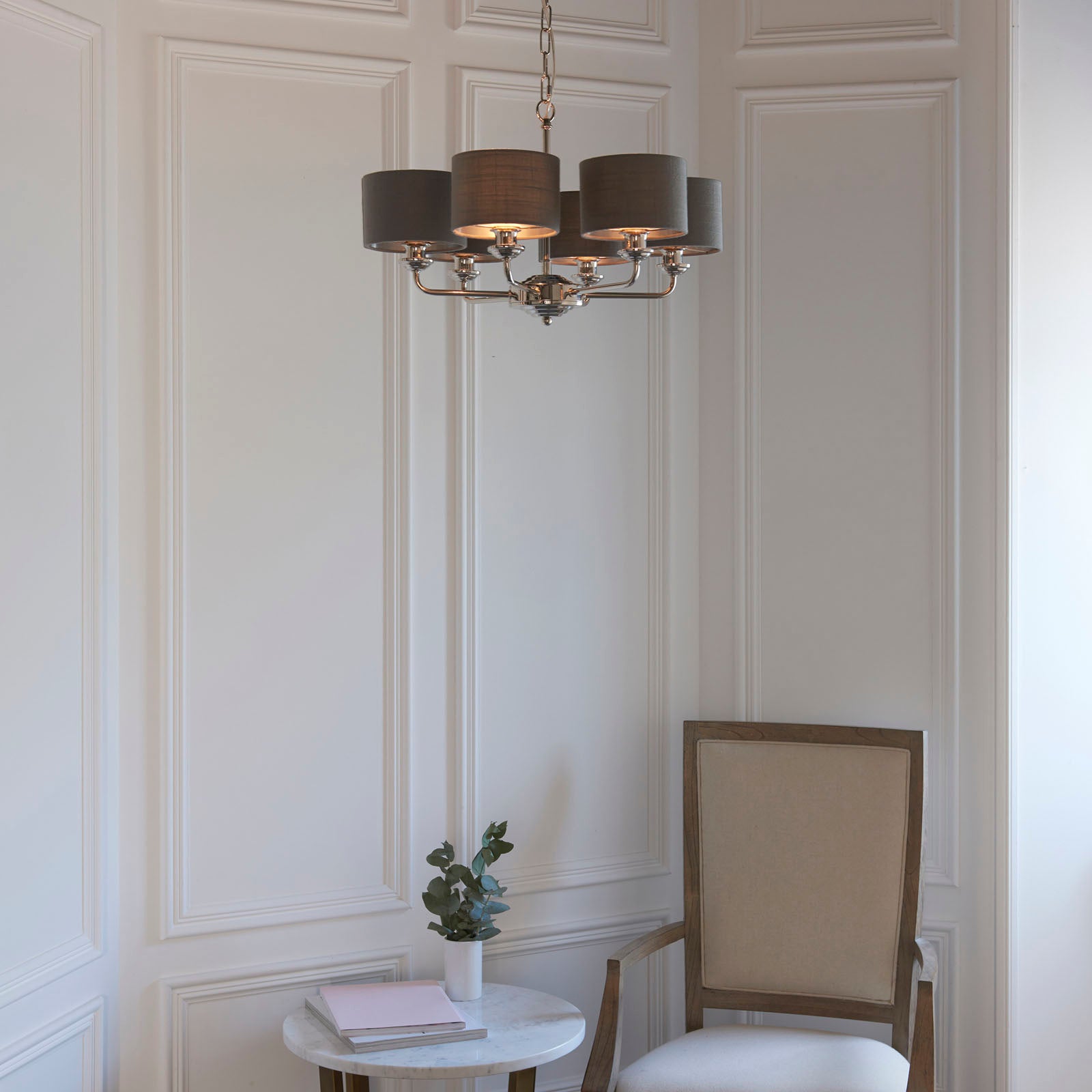 Highclere Bright Nickel Multi-Arm Pendant Light with Charcoal Linen Shades