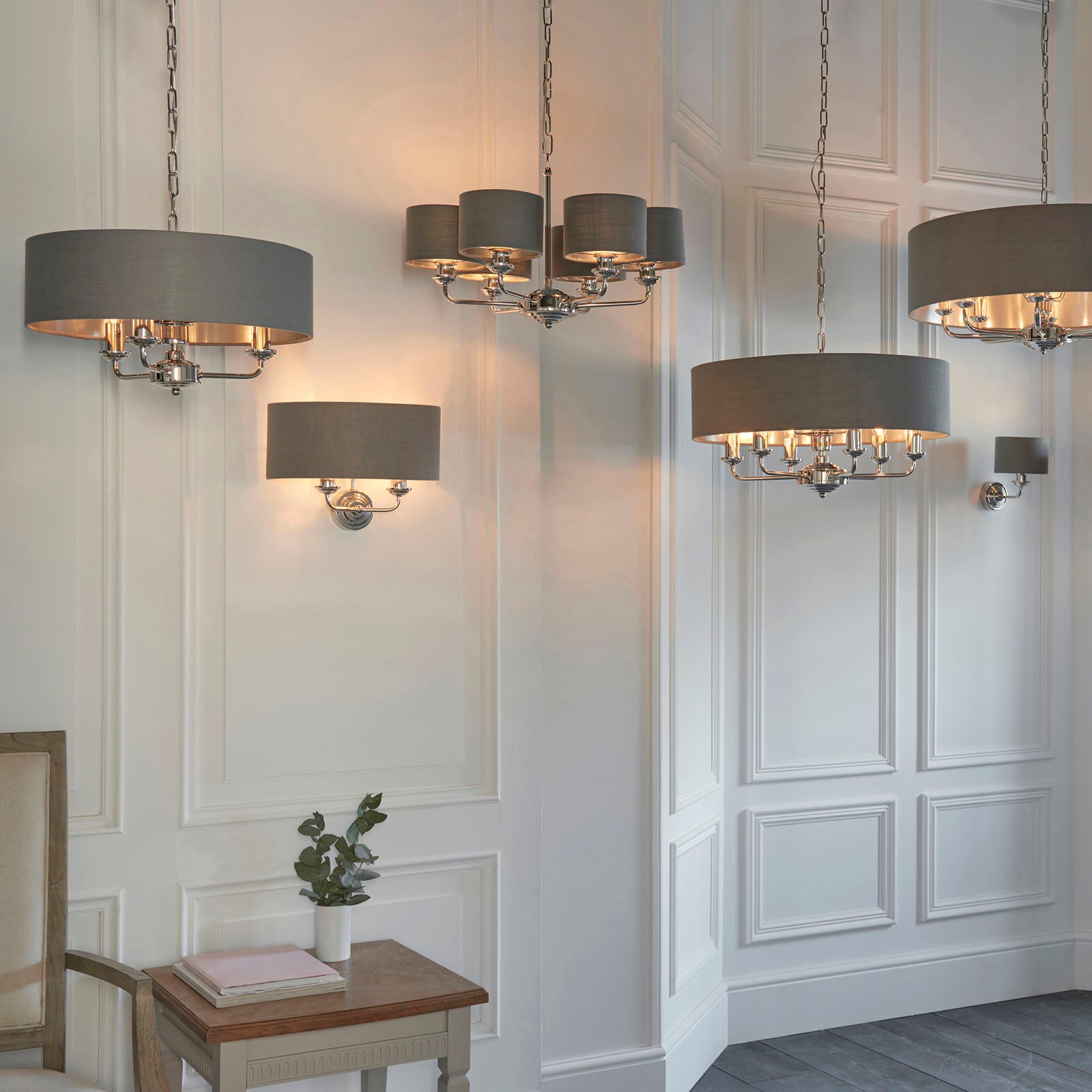 Highclere Bright Nickel Multi-Arm Pendant Light with Charcoal Linen Shades