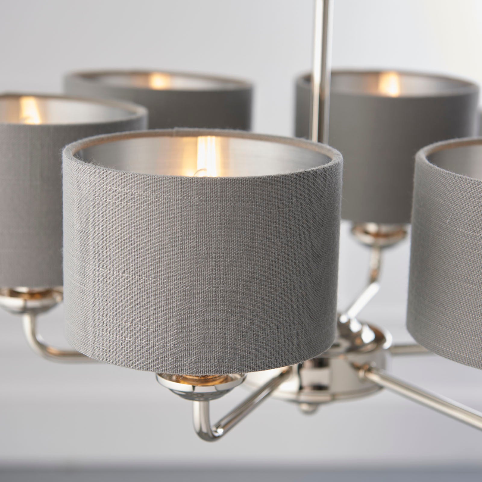 Highclere Bright Nickel Multi-Arm Pendant Light with Charcoal Linen Shades