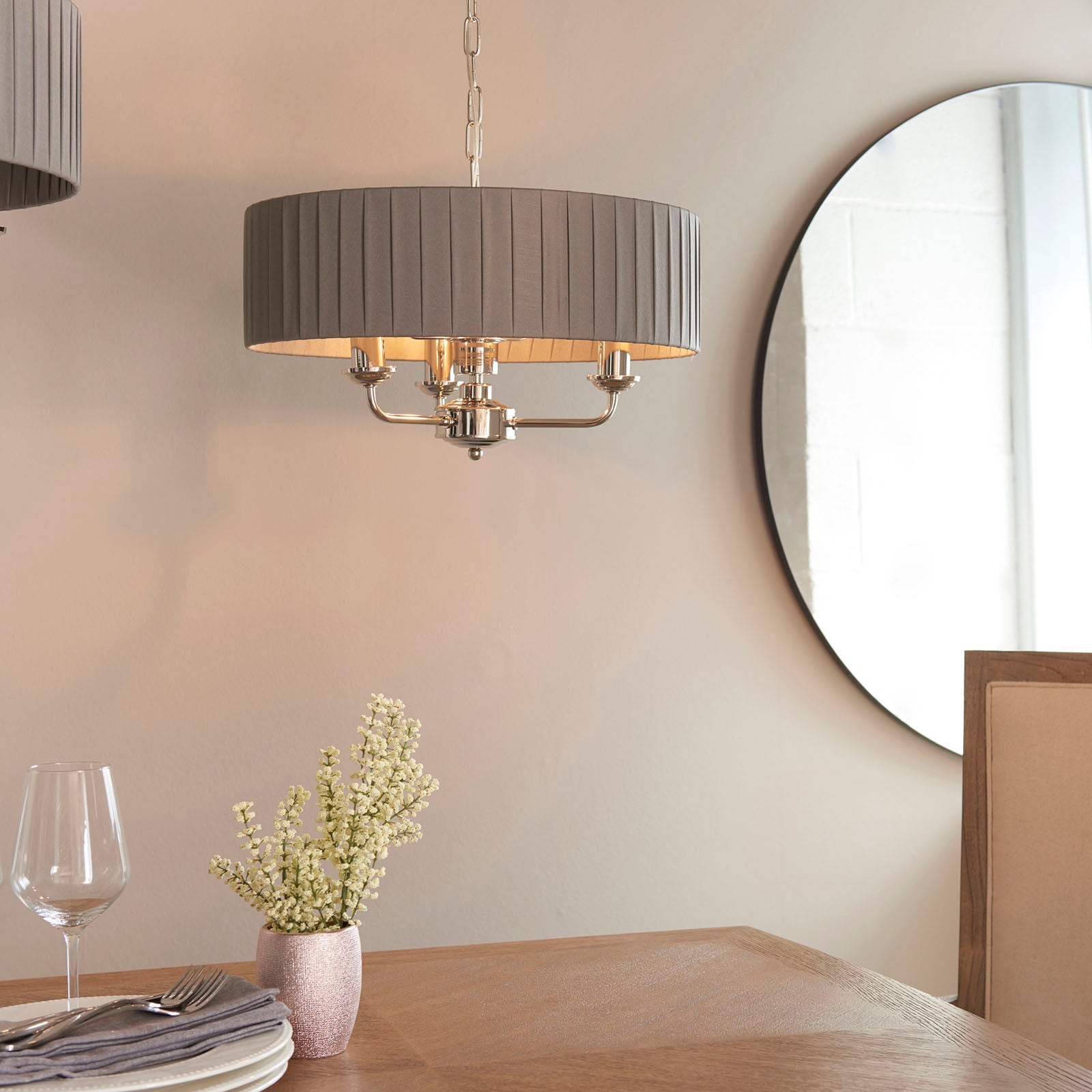 Highclere Bright Nickel Multi-Arm Pendant Light with Charcoal Silk Shades