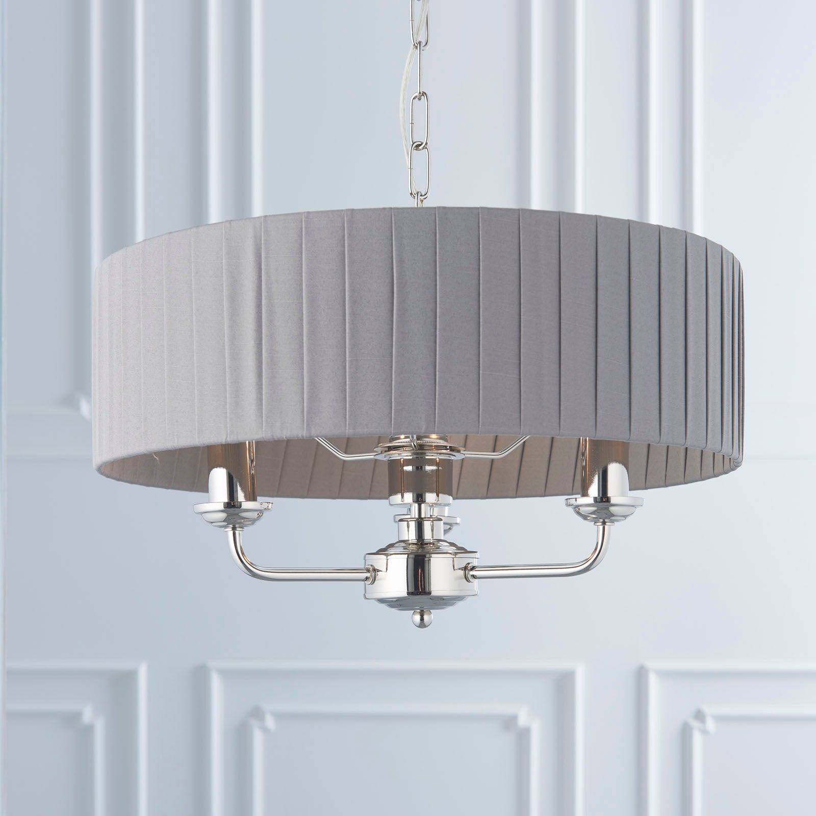 Highclere Bright Nickel Multi-Arm Pendant Light with Charcoal Silk Shades