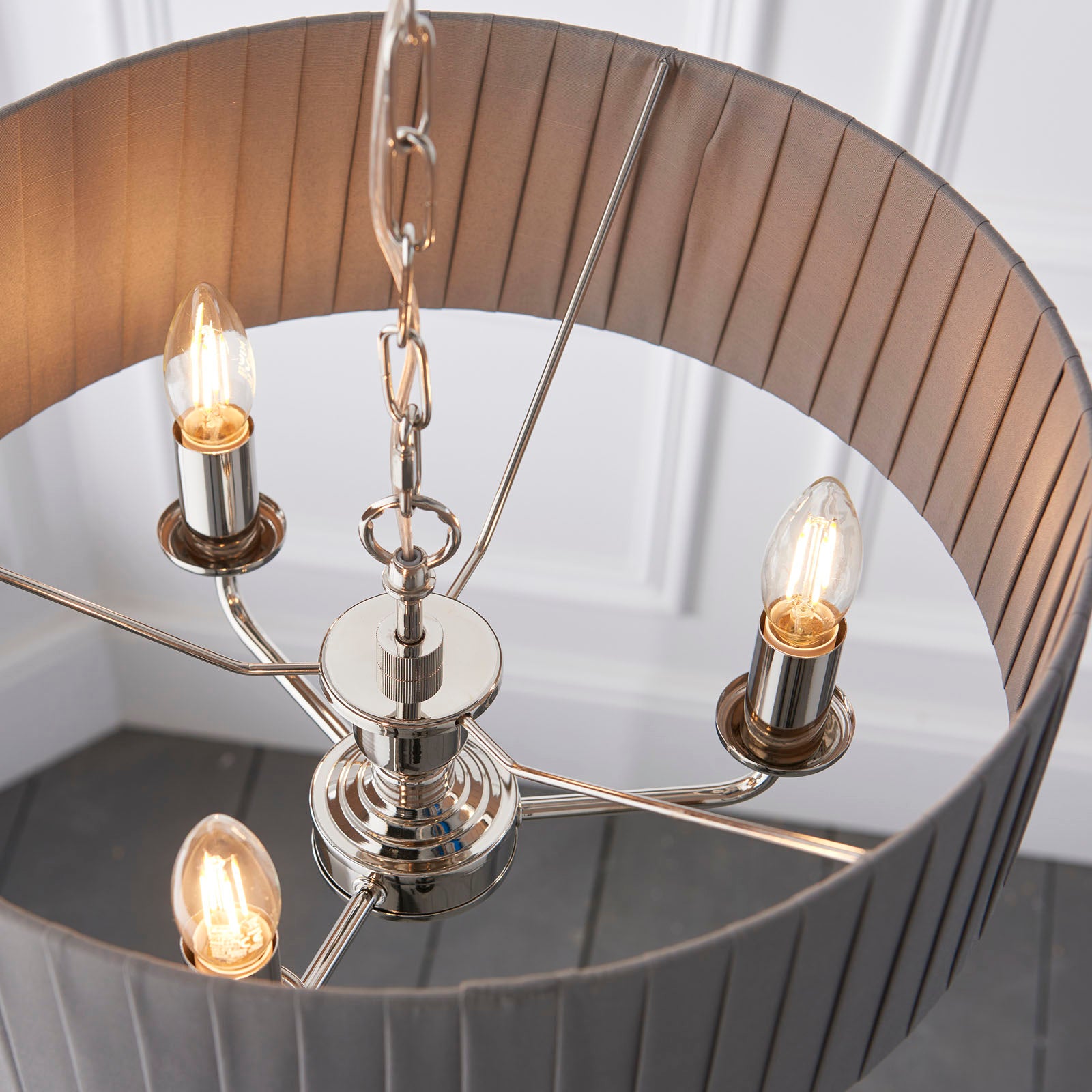 Highclere Bright Nickel Multi-Arm Pendant Light with Charcoal Silk Shades