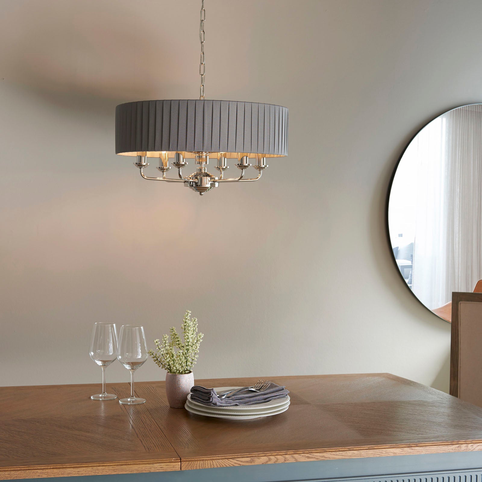 Highclere Bright Nickel Multi-Arm Pendant Light with Charcoal Silk Shades
