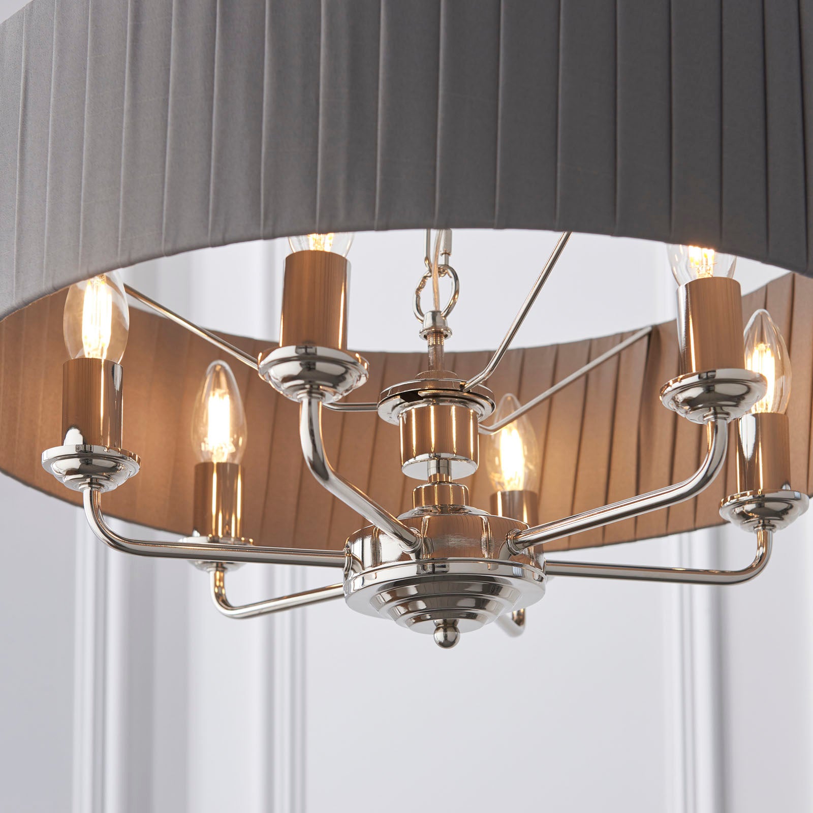 Highclere Bright Nickel Multi-Arm Pendant Light with Charcoal Silk Shades