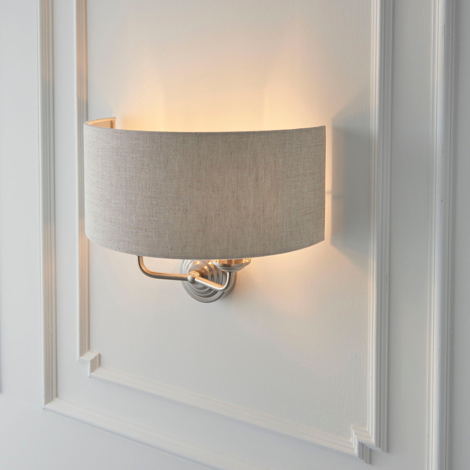 Highclere Brushed Chrome 2-Light Wall Light with Natural Linen Shades