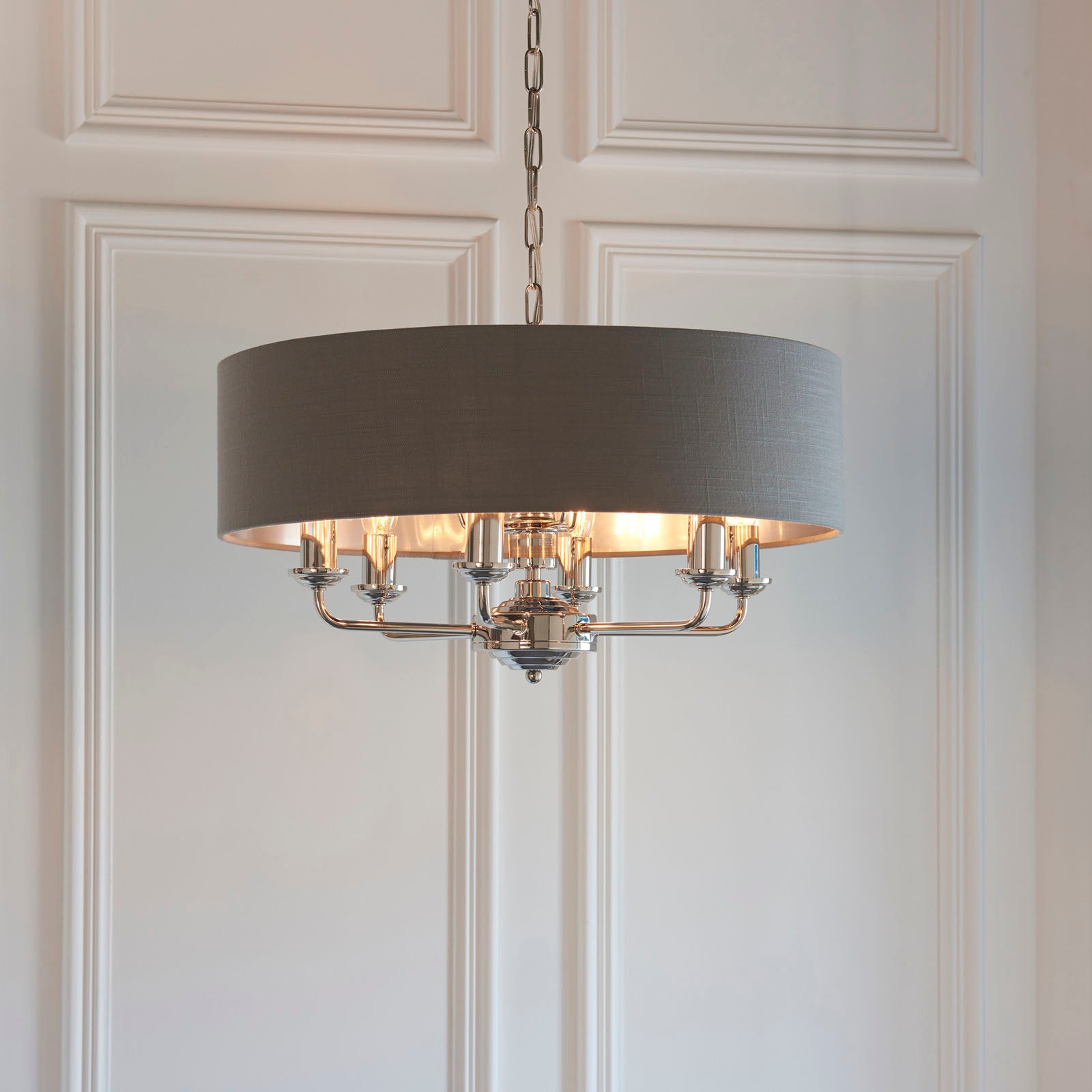 Highclere Bright Nickel 8-Light Pendant Light with Charcoal Linen Shades