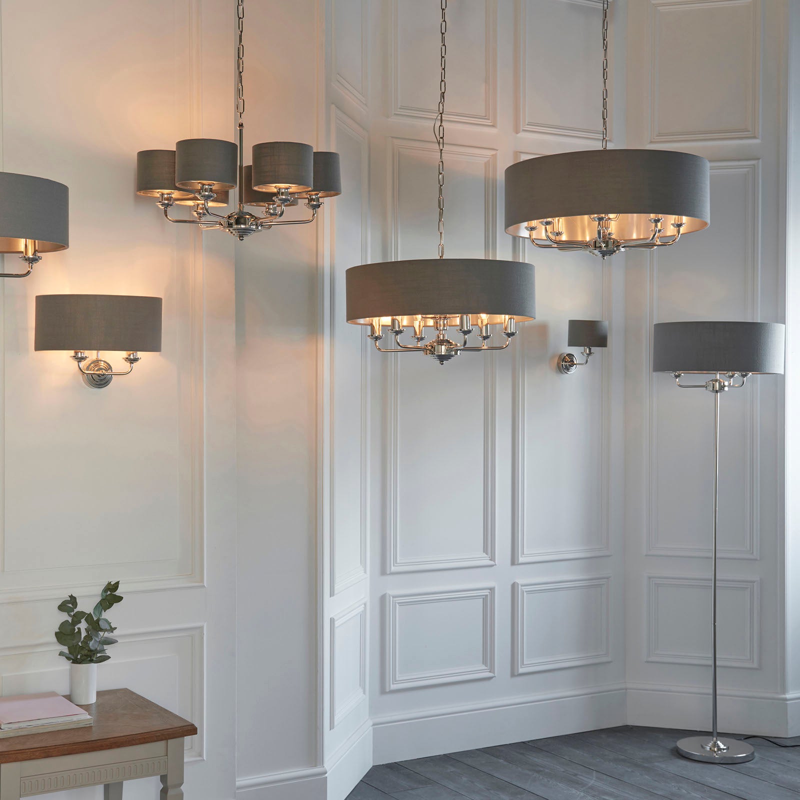 Highclere Bright Nickel 8-Light Pendant Light with Charcoal Linen Shades