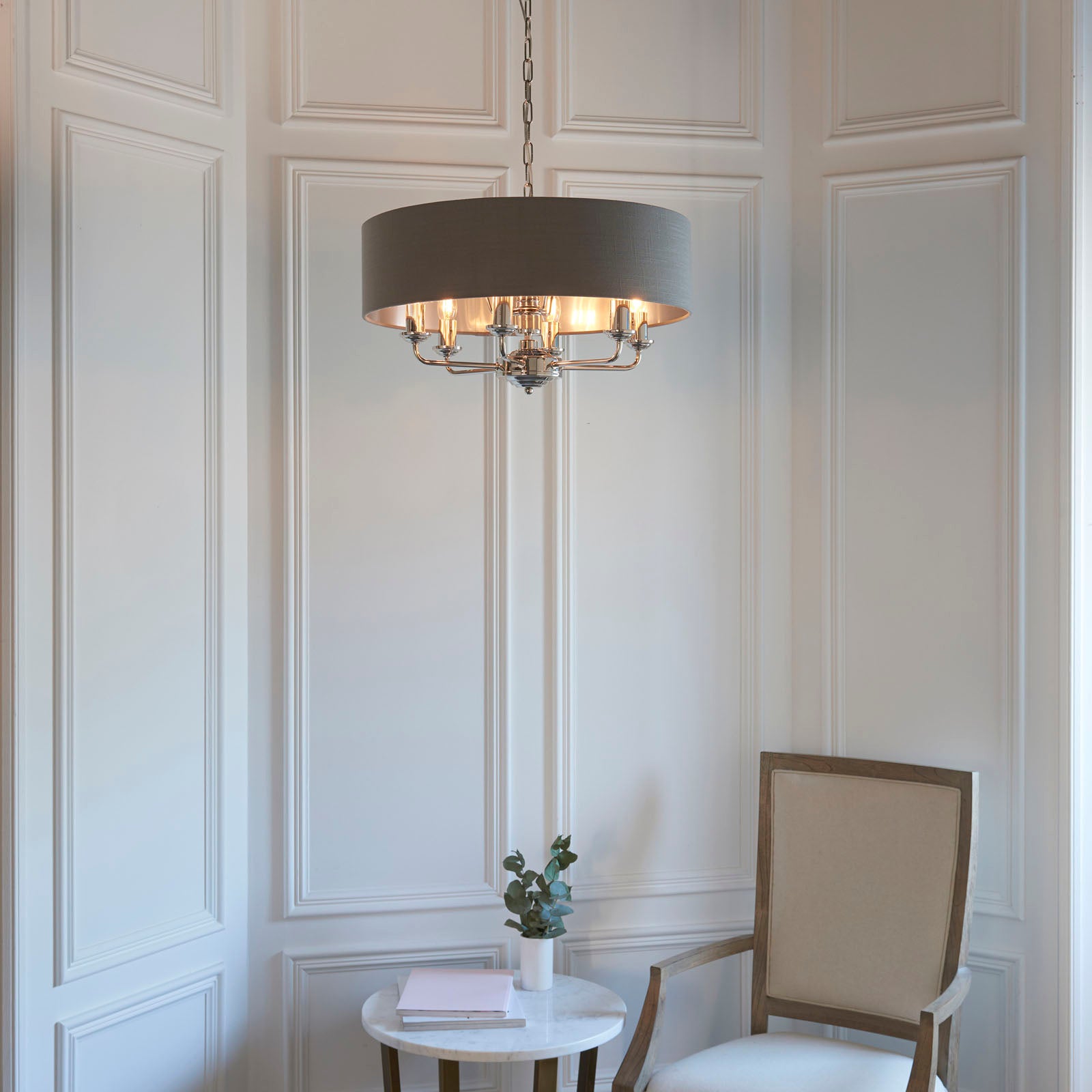 Highclere Bright Nickel 8-Light Pendant Light with Charcoal Linen Shades
