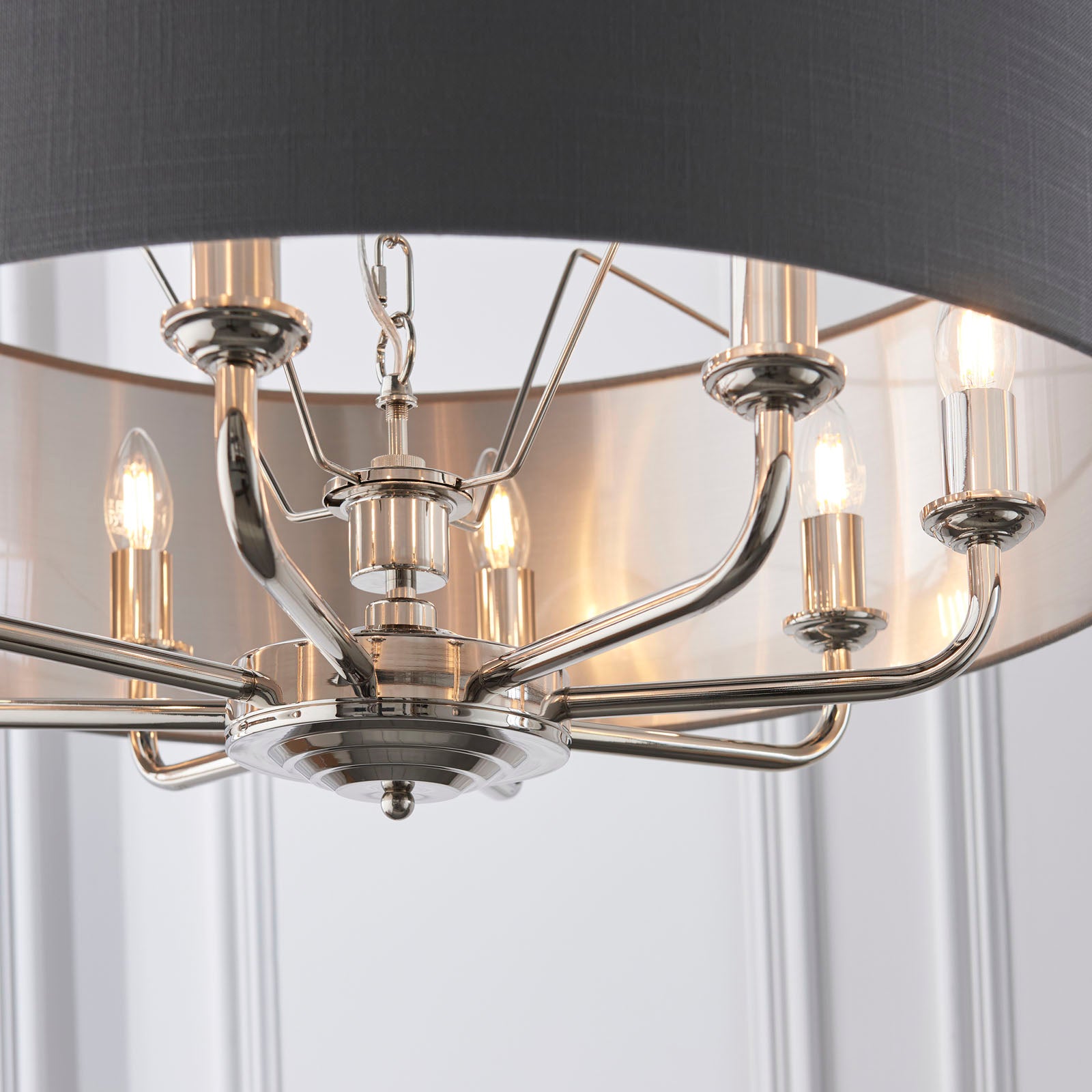 Highclere Bright Nickel 8-Light Pendant Light with Charcoal Linen Shades