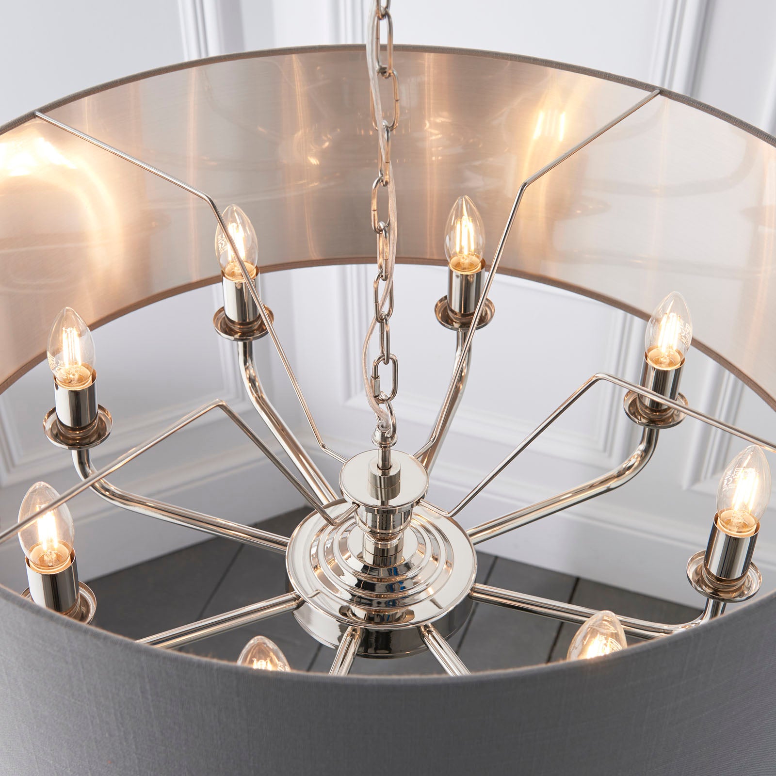 Highclere Bright Nickel 8-Light Pendant Light with Charcoal Linen Shades