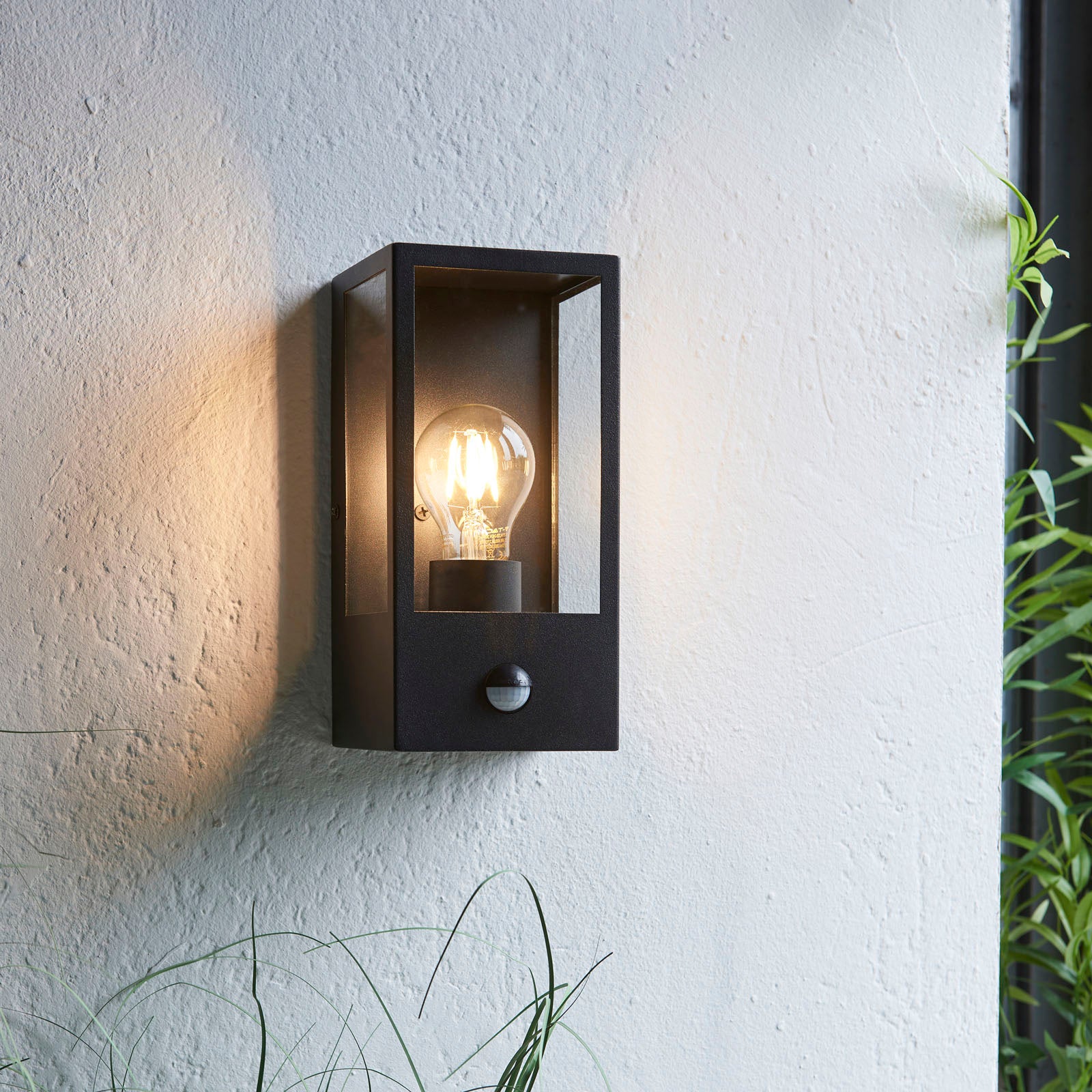 Oxford Matt Black Wall Light with PIR Sensor - Classic Box Lantern
