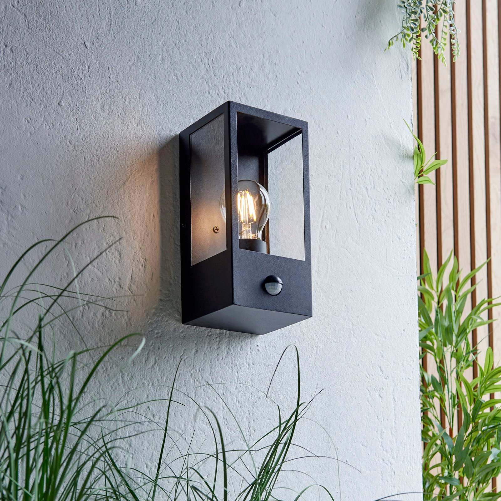 Oxford Matt Black Wall Light with PIR Sensor - Classic Box Lantern