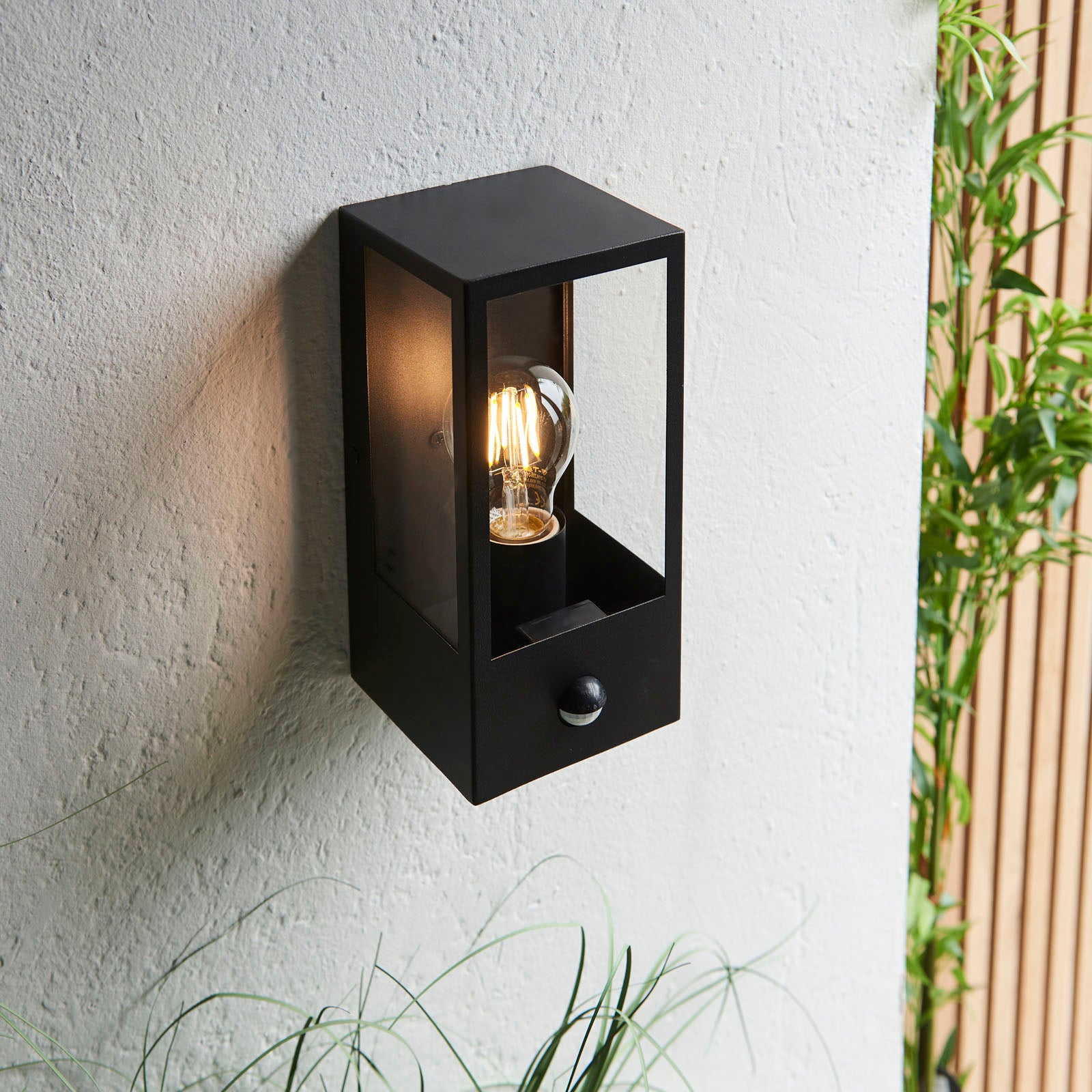 Oxford Matt Black Wall Light with PIR Sensor - Classic Box Lantern