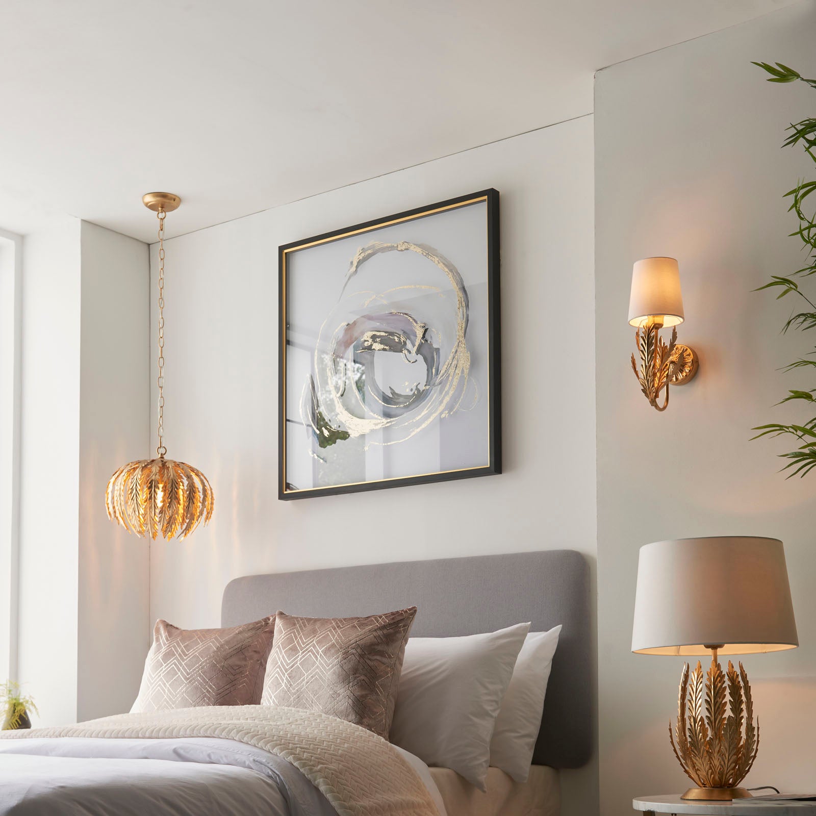 Delphine 1-Light Gold Leaf Floral Table Lamp with Fabric Shade