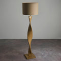Abia Scandinavian floor lamp with twisted wooden base and beige linen shade