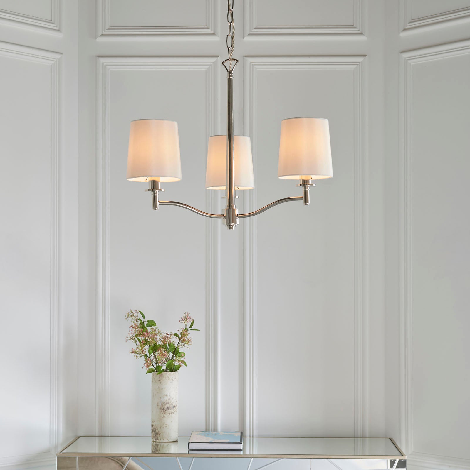 Ortona 3-Light Matt Bright Nickel Pendant Light with Vintage White Faux Silk Shades