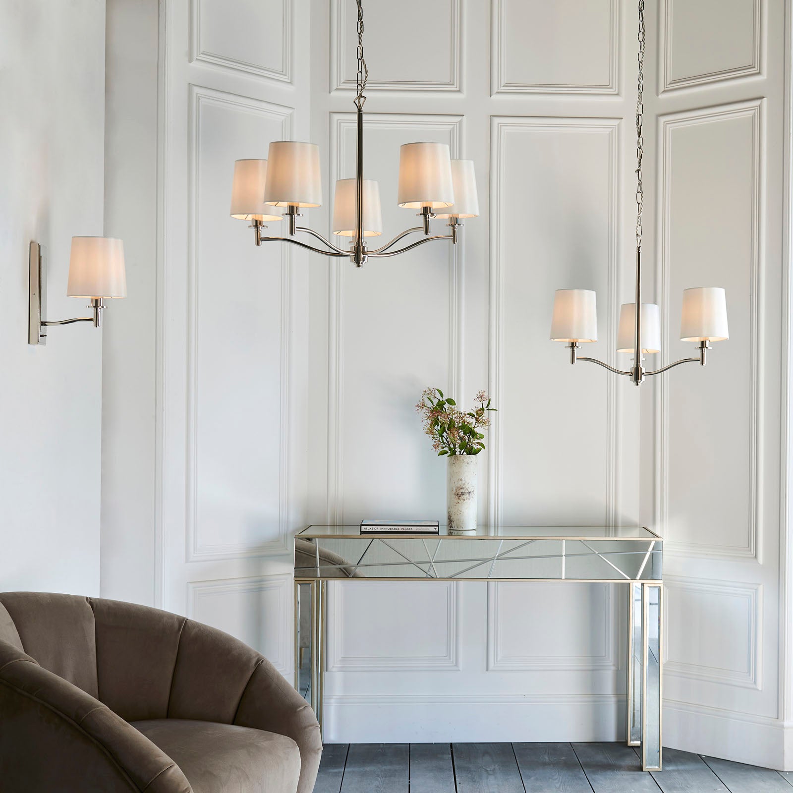 Ortona 3-Light Matt Bright Nickel Pendant Light with Vintage White Faux Silk Shades