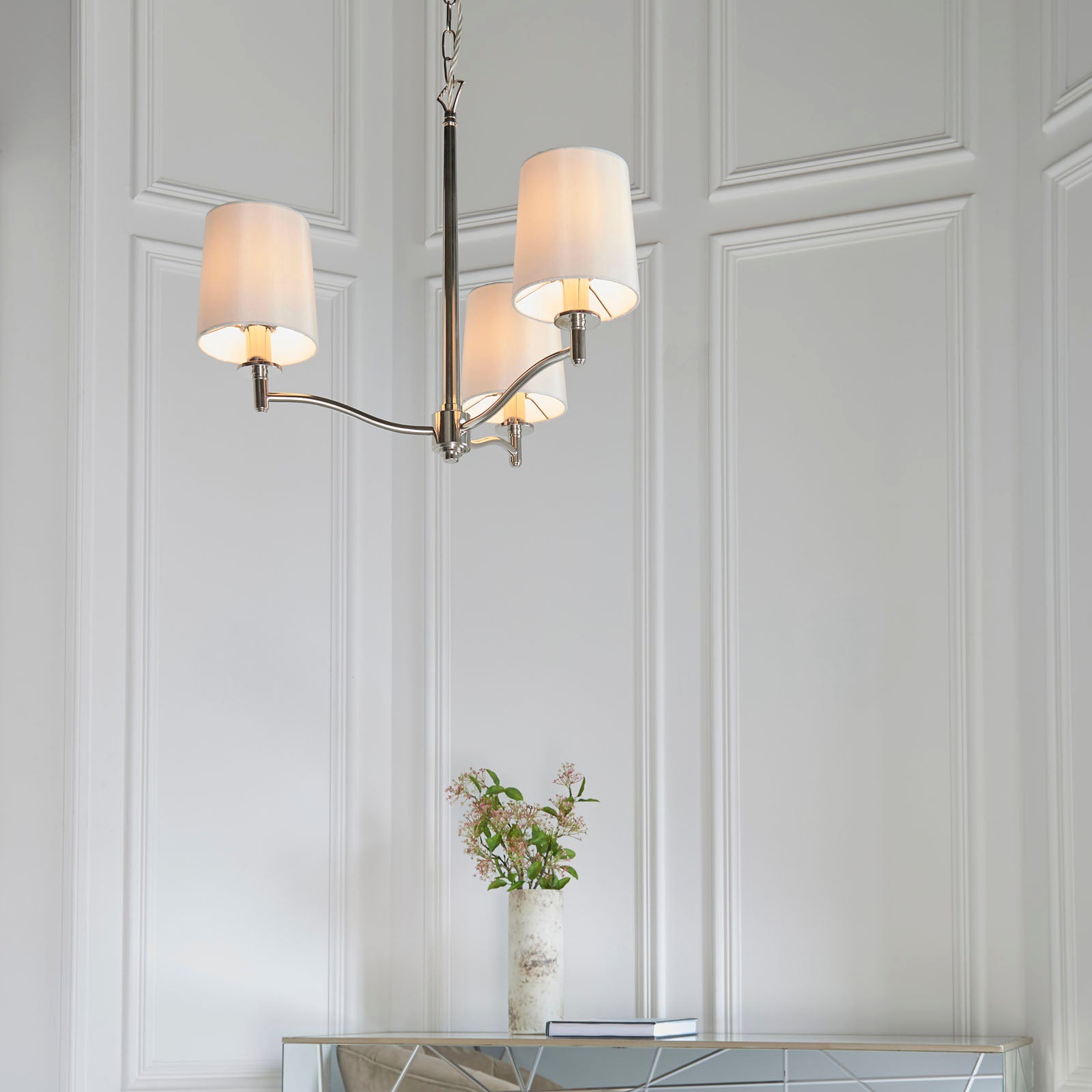 Ortona 3-Light Matt Bright Nickel Pendant Light with Vintage White Faux Silk Shades