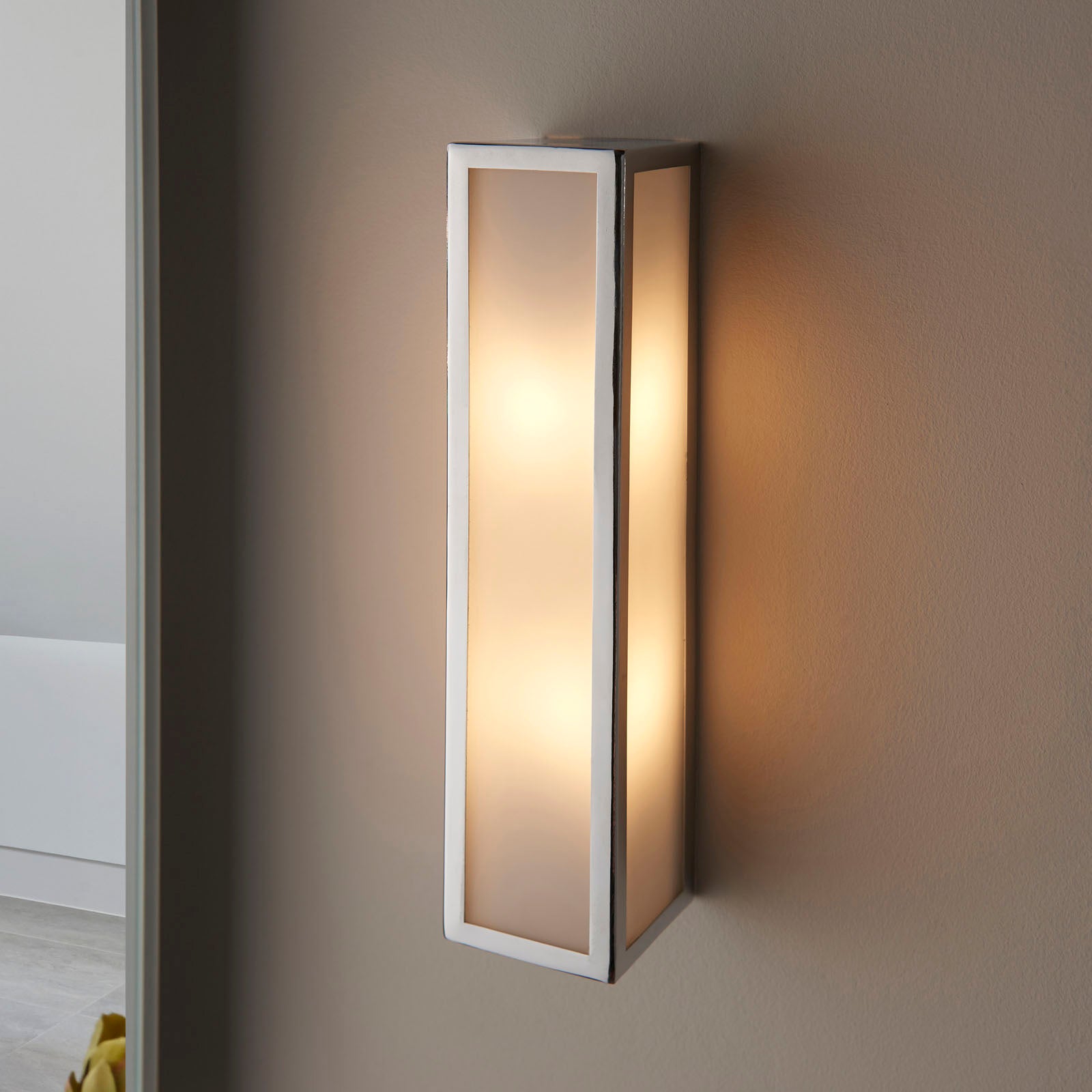 Newham 2-Light Chrome Wall Light with Frosted Glass Diffuser (IP44 Rated)