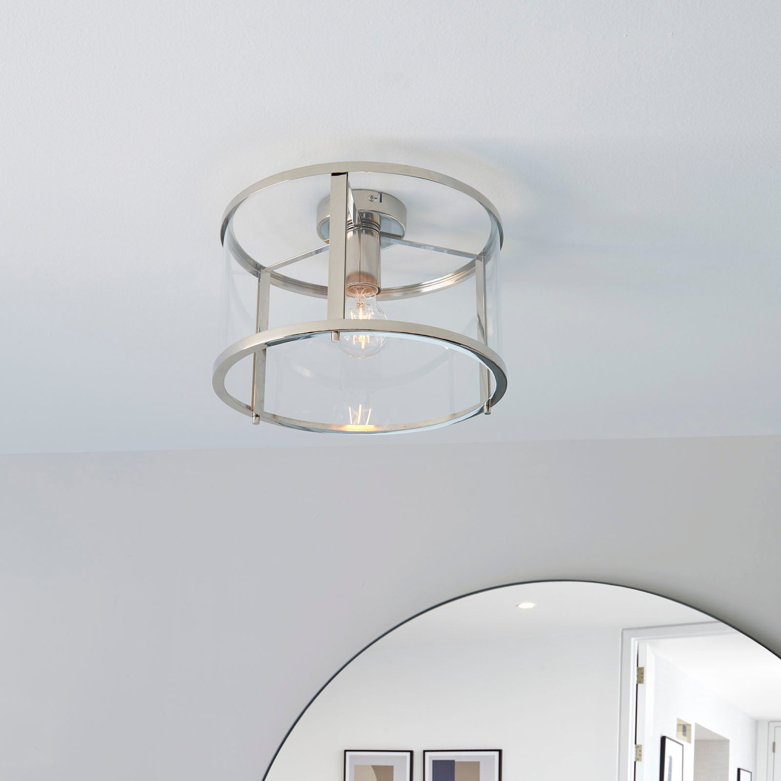 Hopton Bright Nickel Flush Ceiling Light with Clear Glass