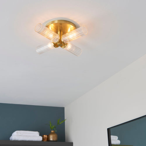 Talo 4-Light Satin Gold Semi-Flush Ceiling Light (Ribbed Glass)
