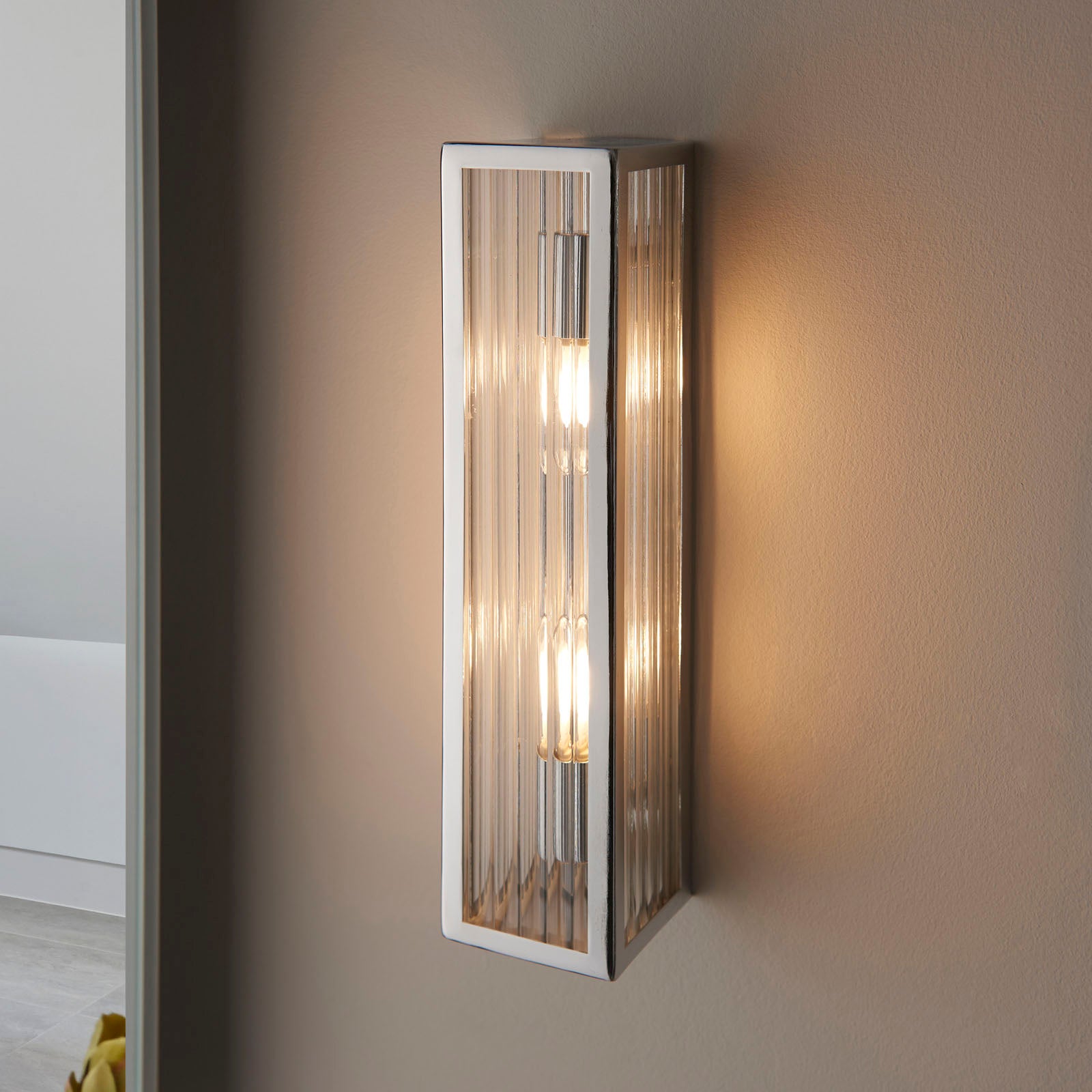 Newham 2-Light Chrome Wall Light with Clear Ribbed Glass Diffuser (IP44 Rated)
