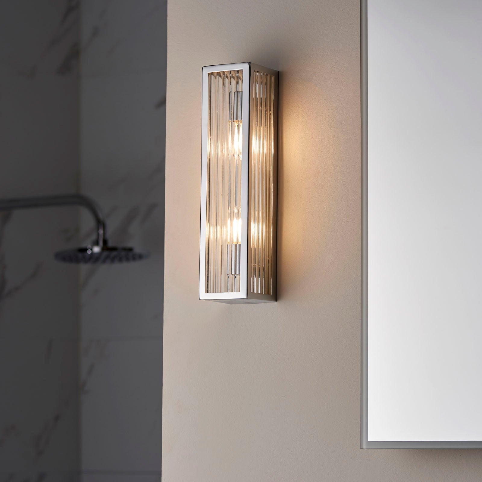 Newham 2-Light Chrome Wall Light with Clear Ribbed Glass Diffuser (IP44 Rated)