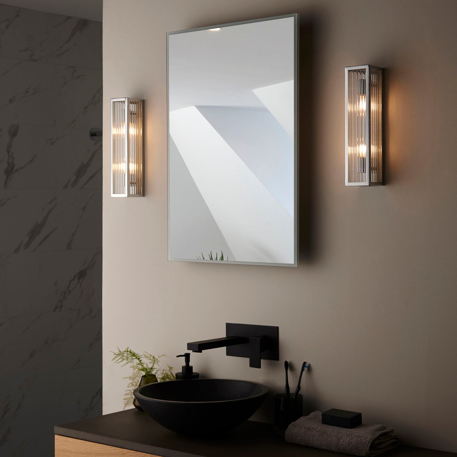 Newham 2-Light Chrome Wall Light with Clear Ribbed Glass Diffuser (IP44 Rated)