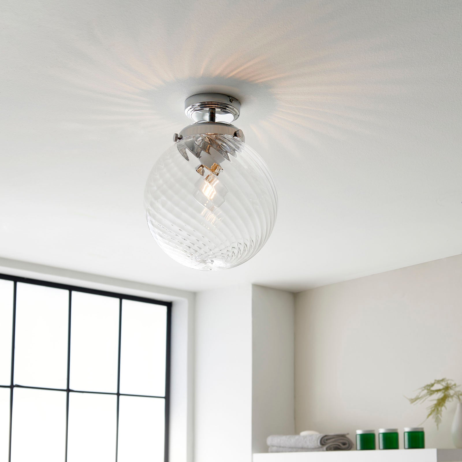 Milston 1-Light Dimmable Wall Light with Clear Spiral Glass Shade (IP44 Rated)