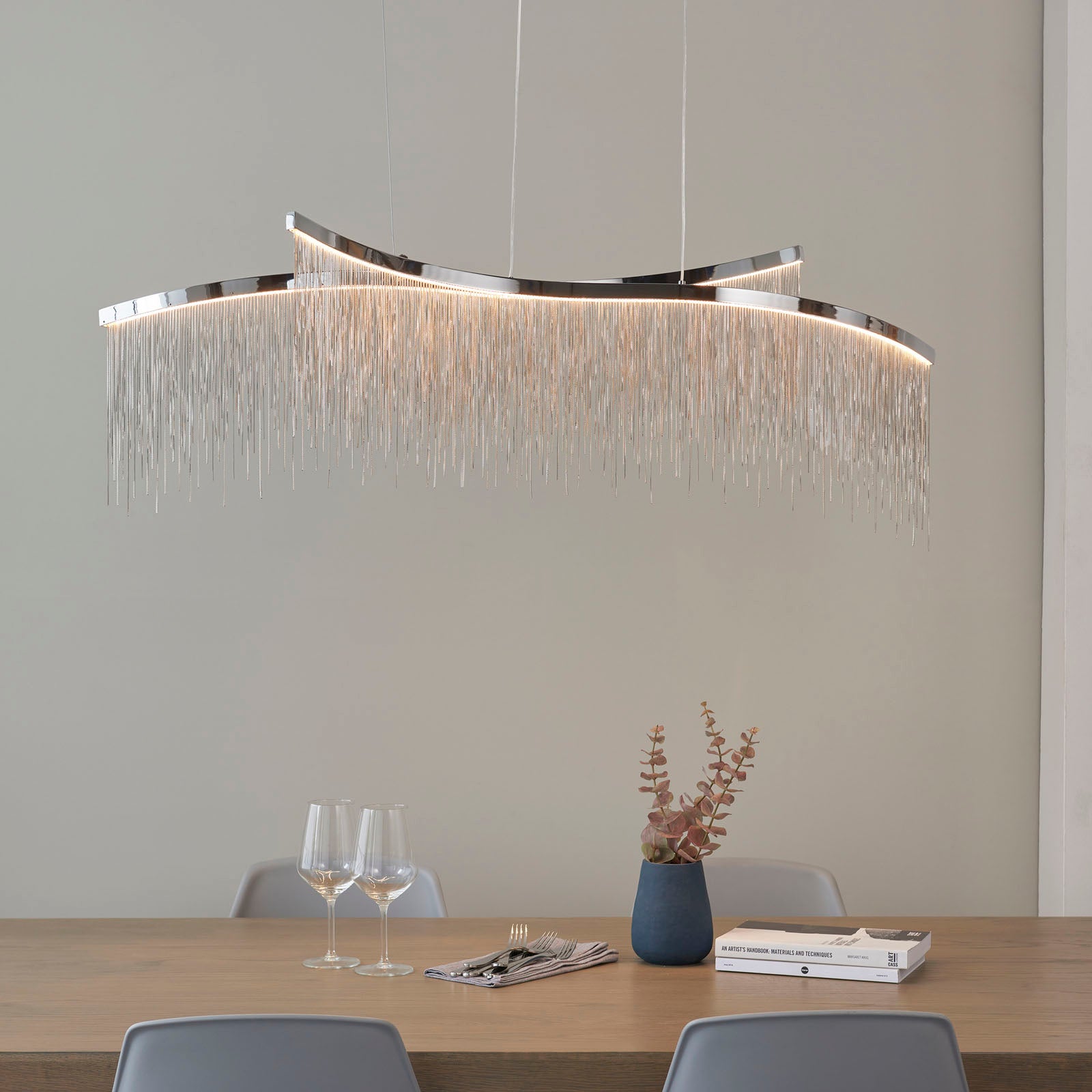Orphelia Polished Chrome Bar Pendant Light with Cascading Chains