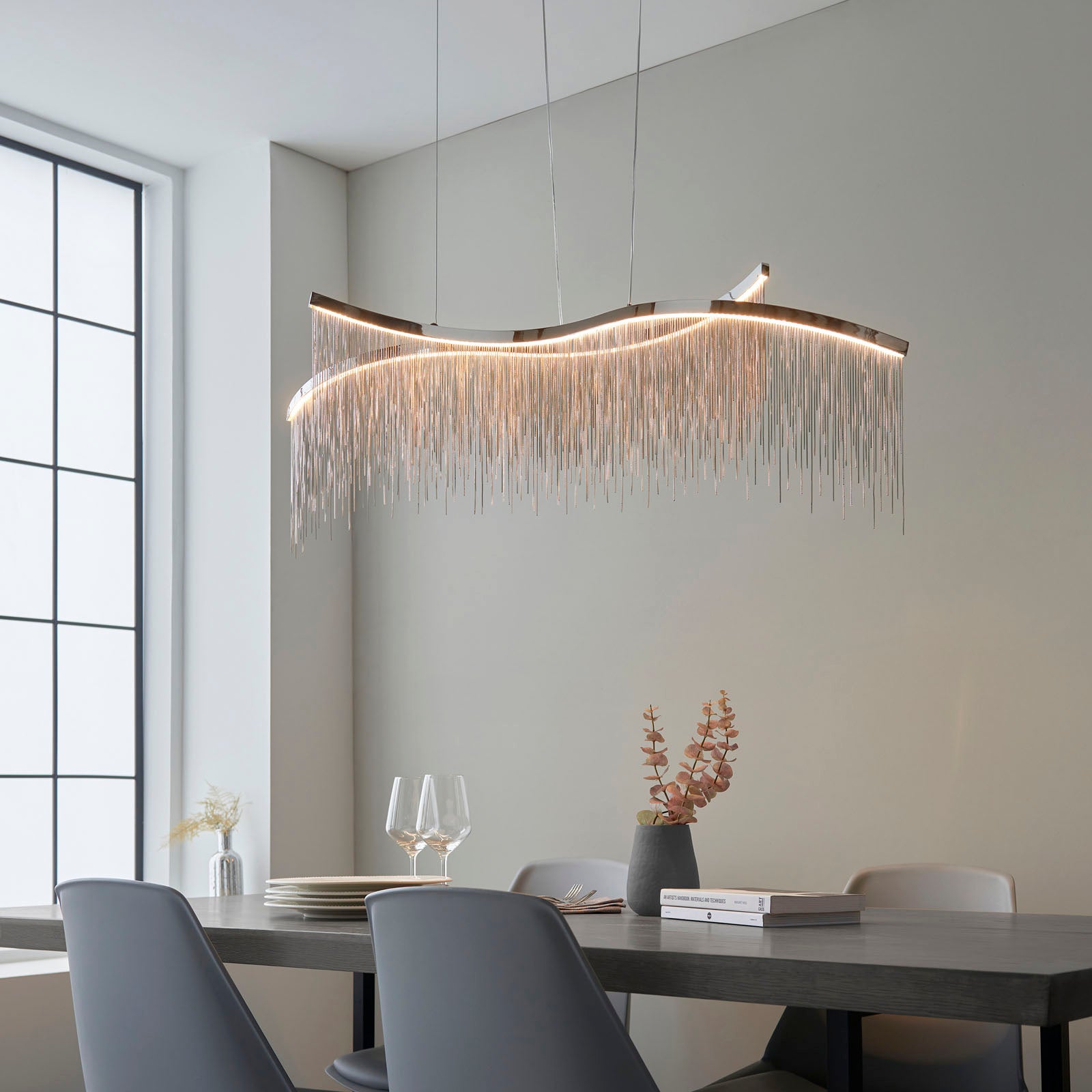 Orphelia Polished Chrome Bar Pendant Light with Cascading Chains