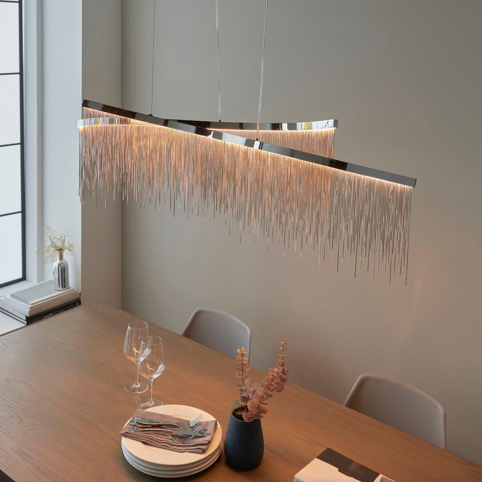 Orphelia Polished Chrome Bar Pendant Light with Cascading Chains