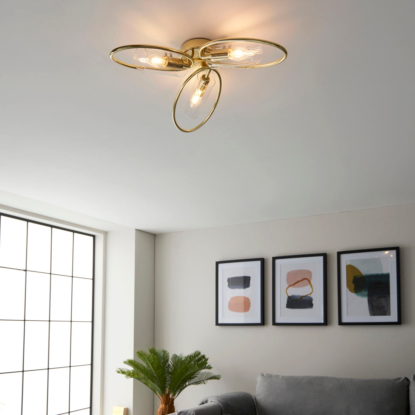 Amari 3-Light Semi-Flush Mount: Polished Brass & Clear Glass (Dimmable)