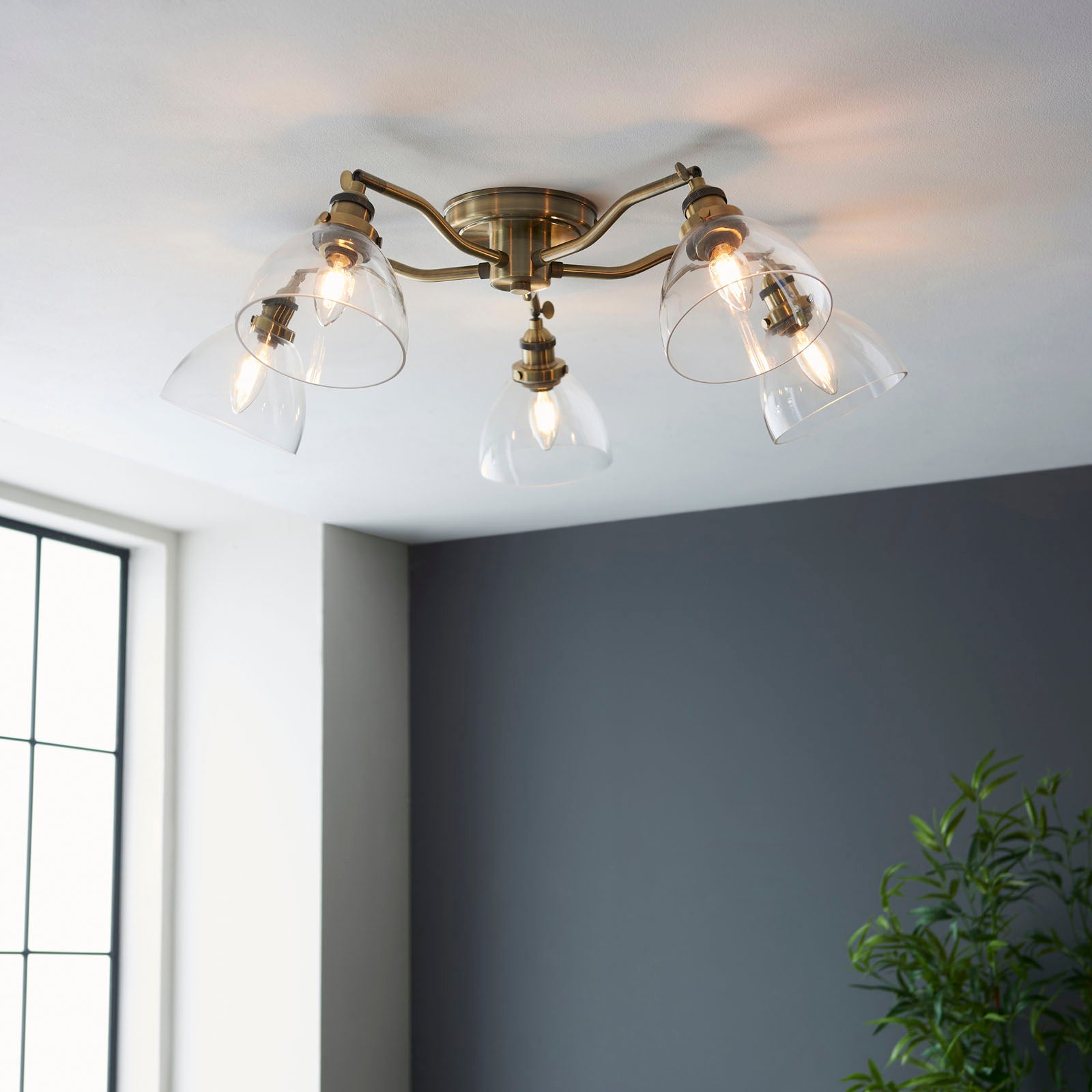 Hansen 5-Light Industrial Semi-Flush Ceiling Light (Antique Brass)
