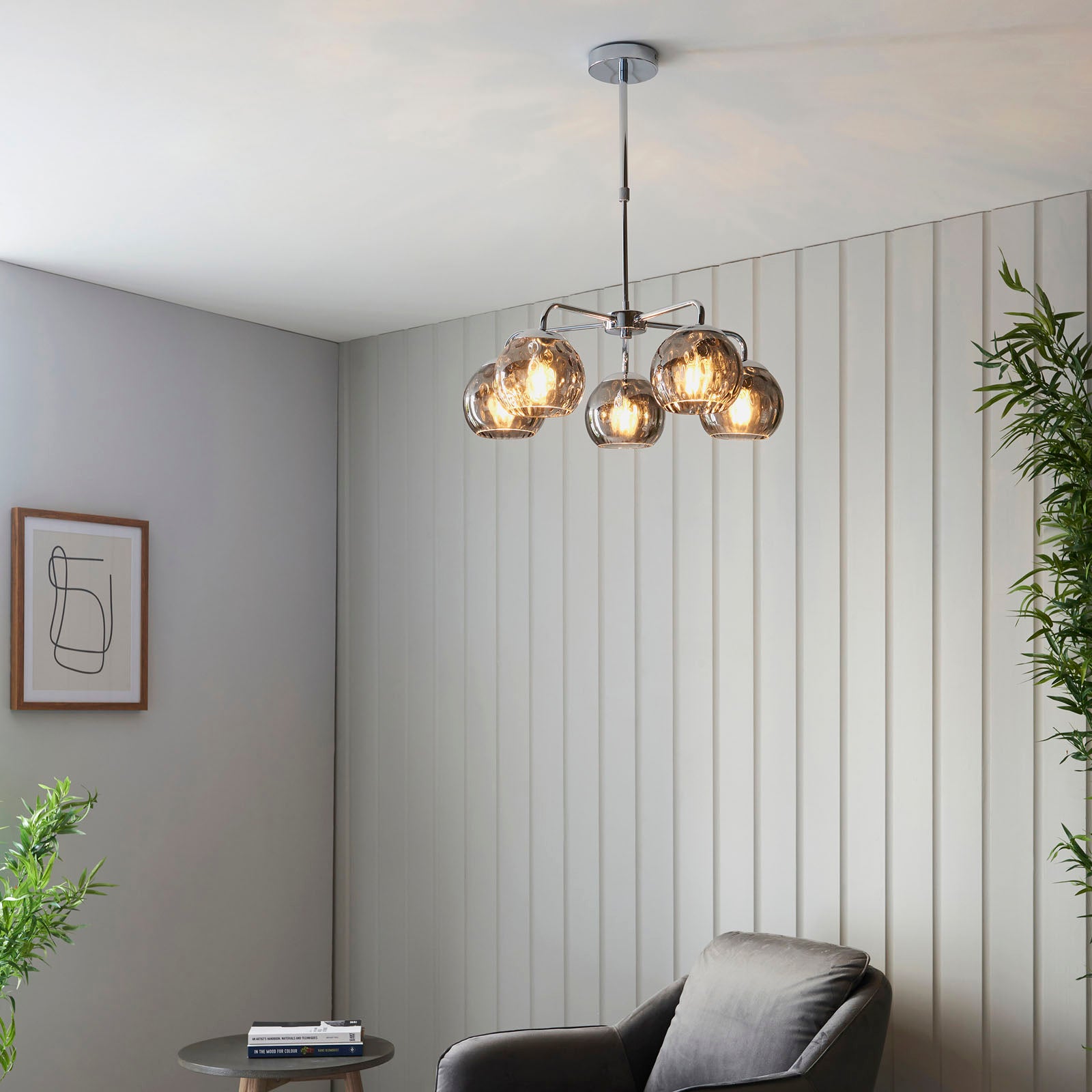 Dimple 5-Light Adjustable Smokey Mirrored Pendant with Chrome Finish