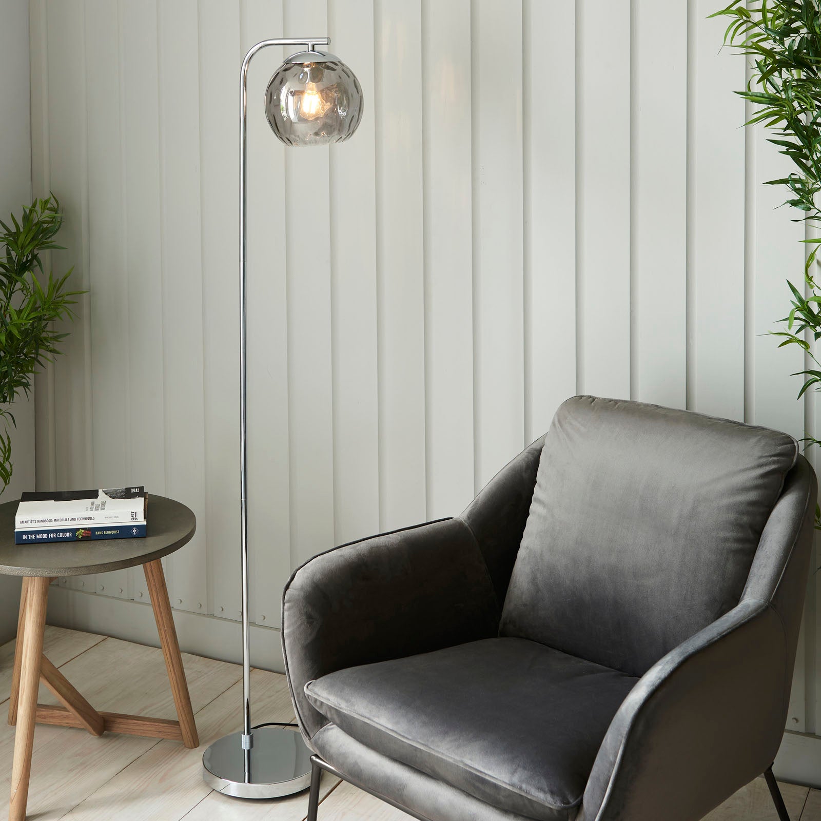 Dimple 1-Light Smokey Mirrored Floor Lamp with Chrome Finish