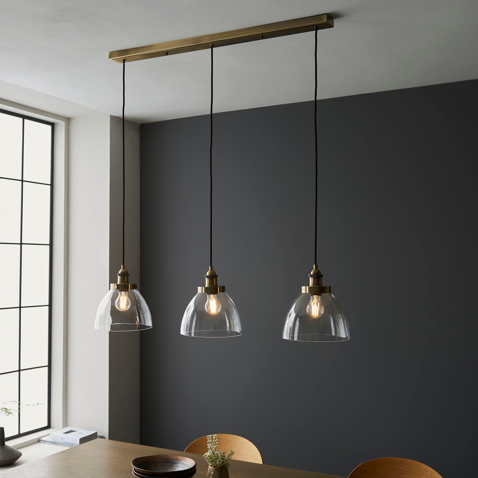 Hansen 3-Light Industrial Linear Semi-Flush Ceiling Light (Antique Brass)