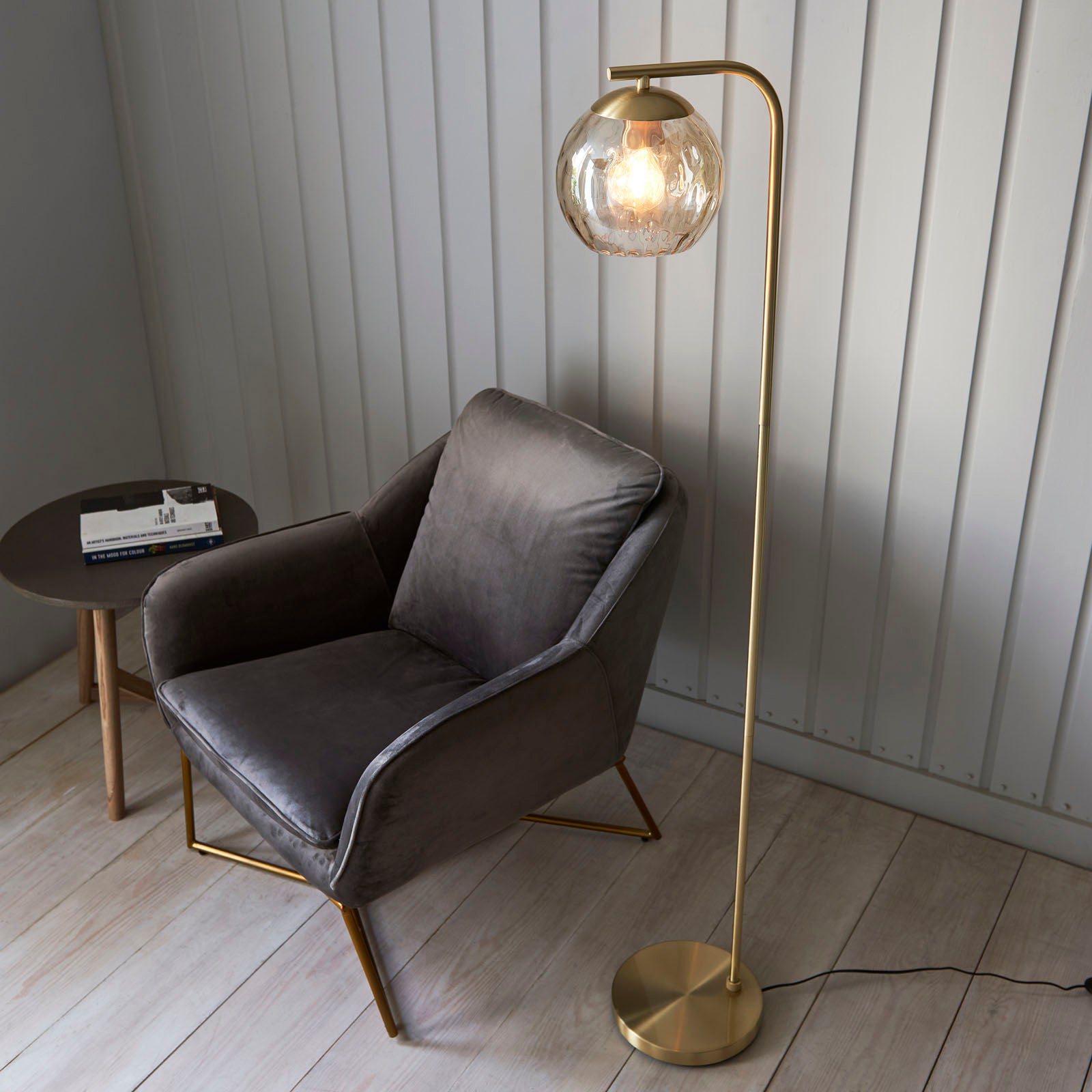 Dimple 1-Light Champagne Glass Floor Lamp with Brushed Brass Finish