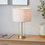 Lessina 1-Light Dimmable Table Lamp with Clear Glass Base & White Shade (Brushed Gold)